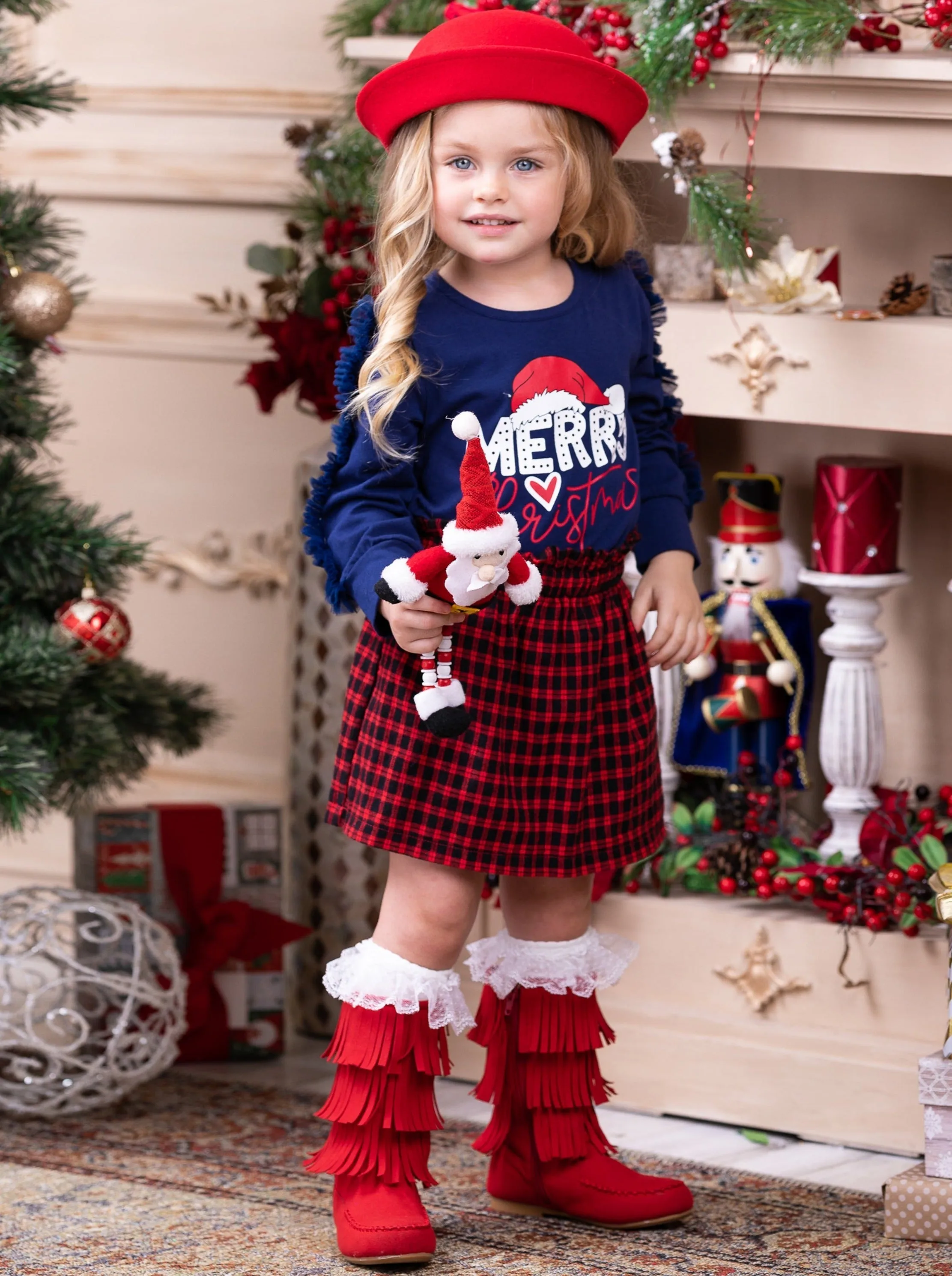 Magical Time Merry Christmas Top and Checkered Skirt Set