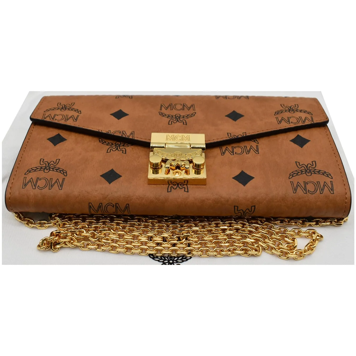 MCM Patricia Visetos Monogram Crossbody Chain Wallet Cognac