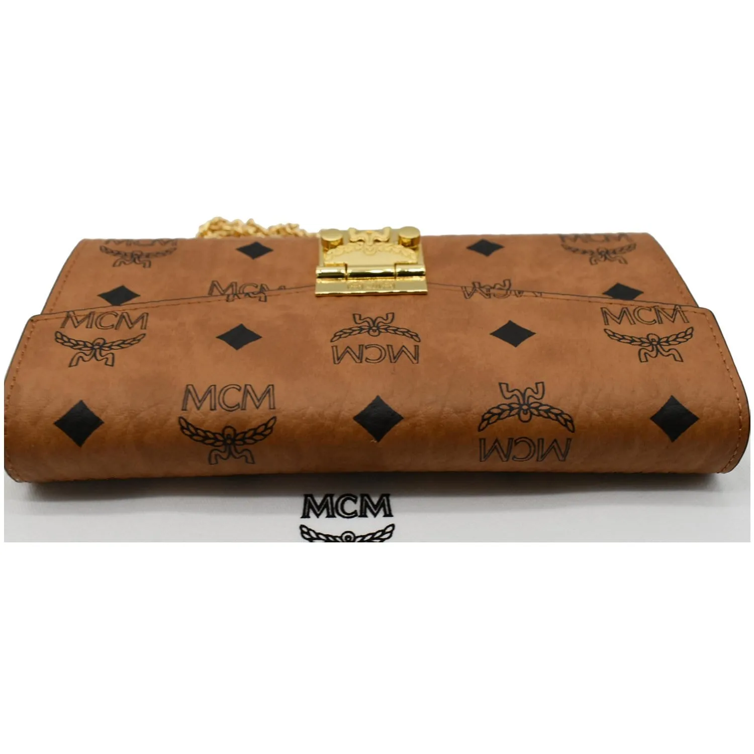 MCM Patricia Visetos Monogram Crossbody Chain Wallet Cognac