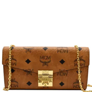 MCM Patricia Visetos Monogram Crossbody Chain Wallet Cognac