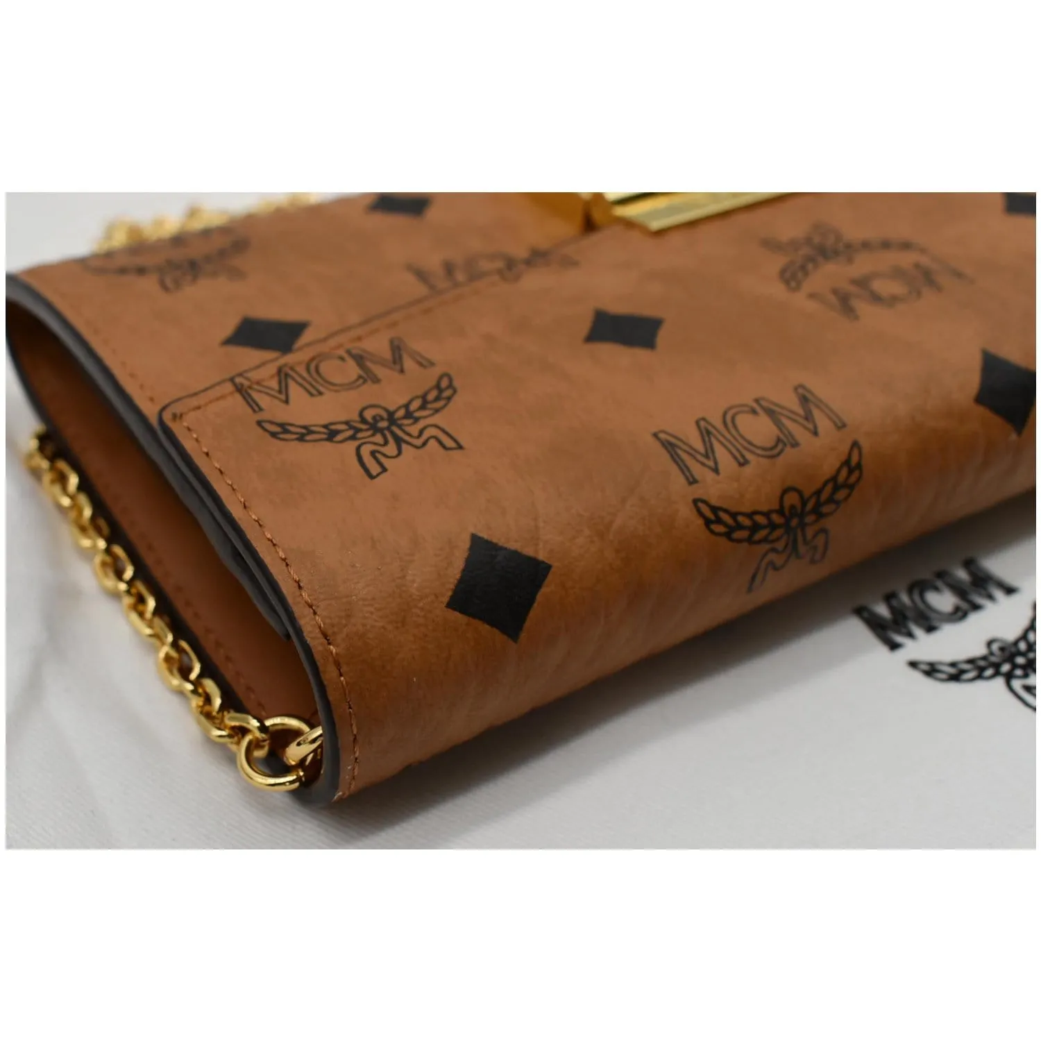 MCM Patricia Visetos Monogram Crossbody Chain Wallet Cognac