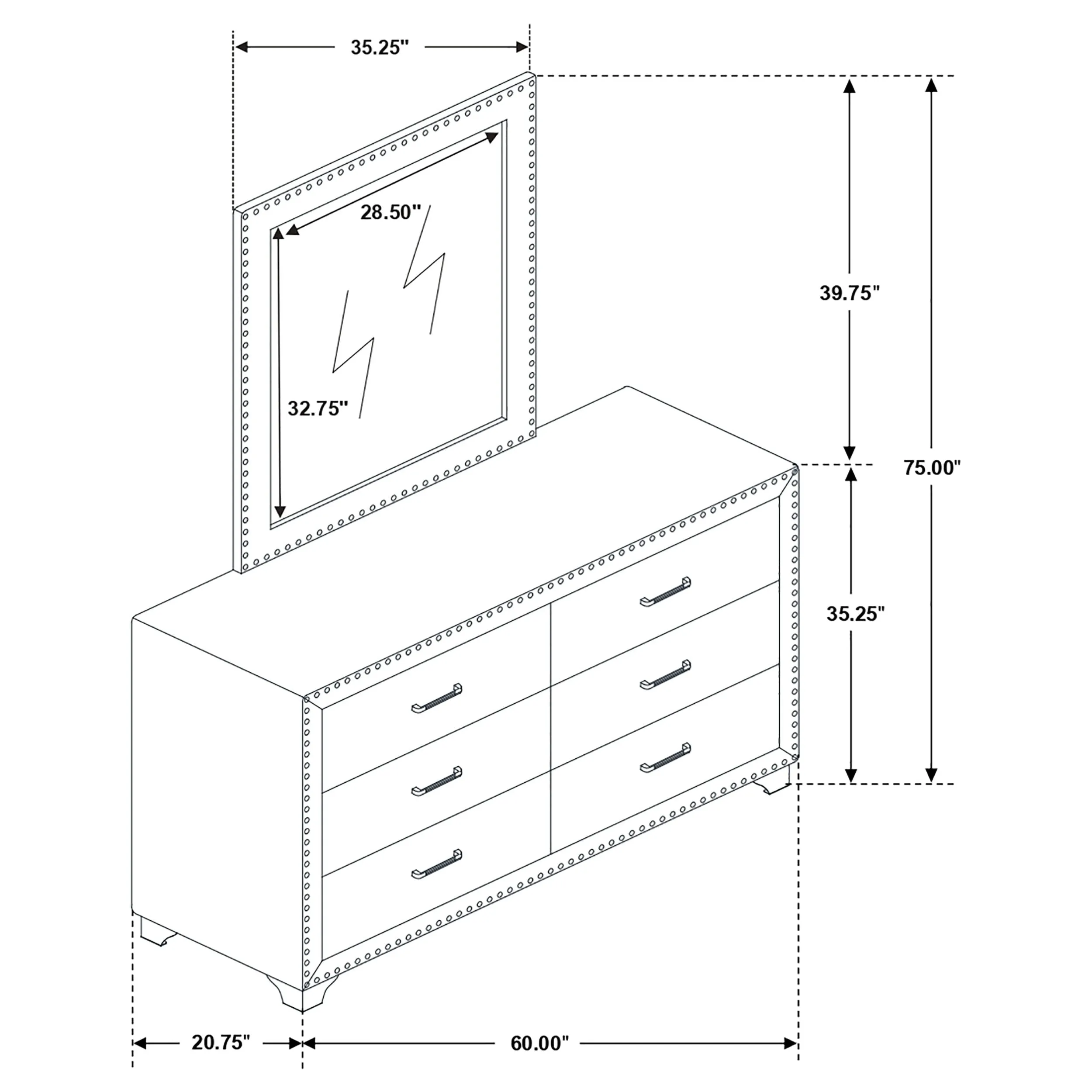 Melody 6-drawer Upholstered Dresser with Mirror Grey