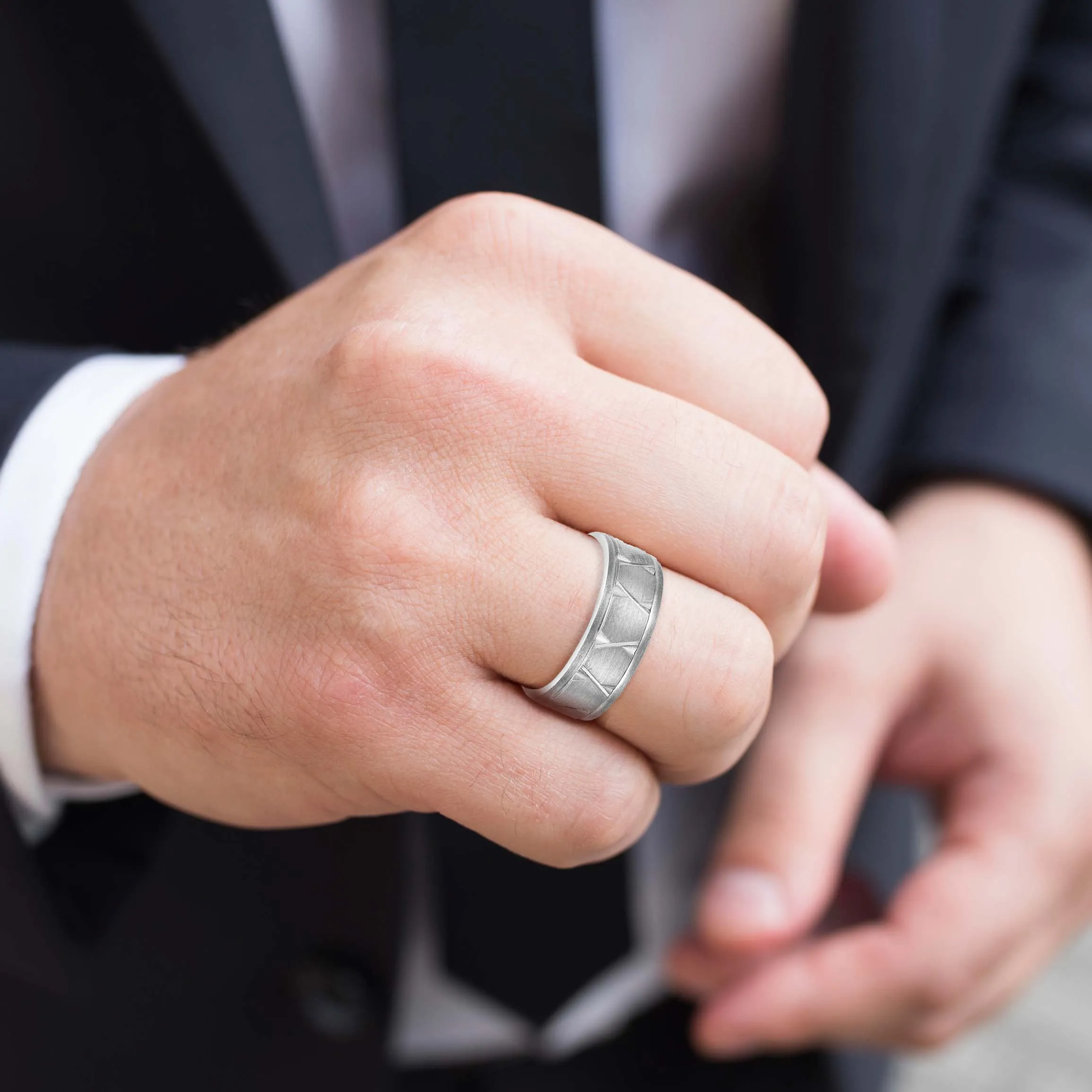 Men's Diagonal Carved Classic Wedding Band Brushed Finish
