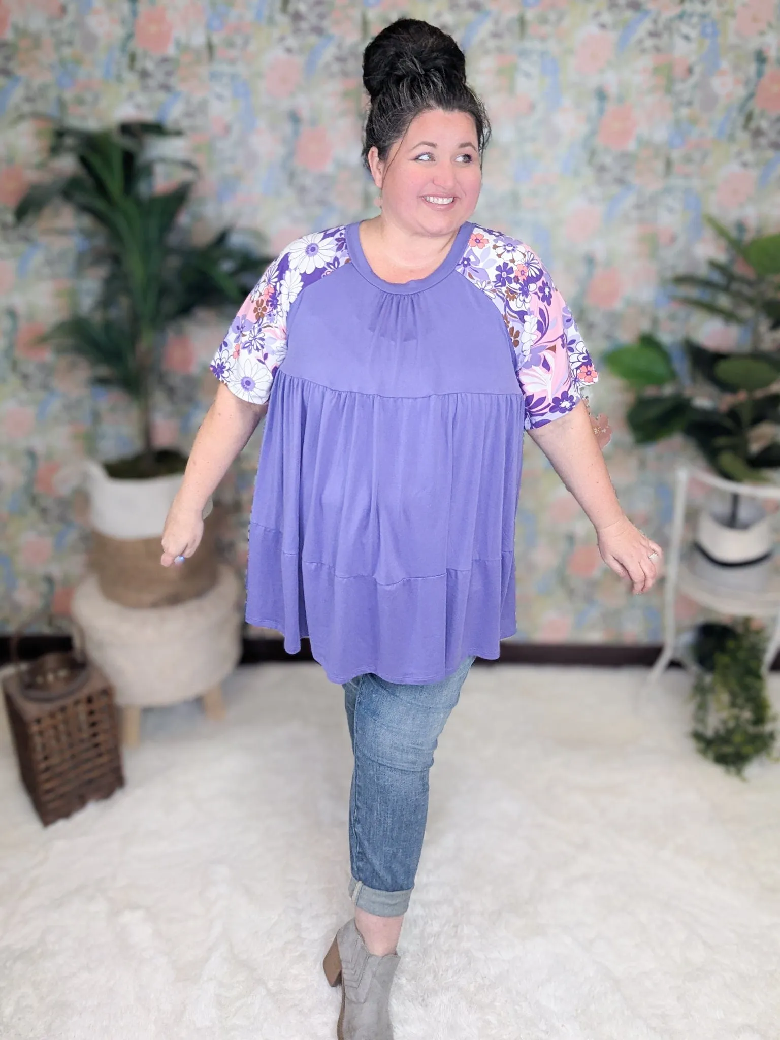 Miranda Floral Sleeve Tiered Top in Purple