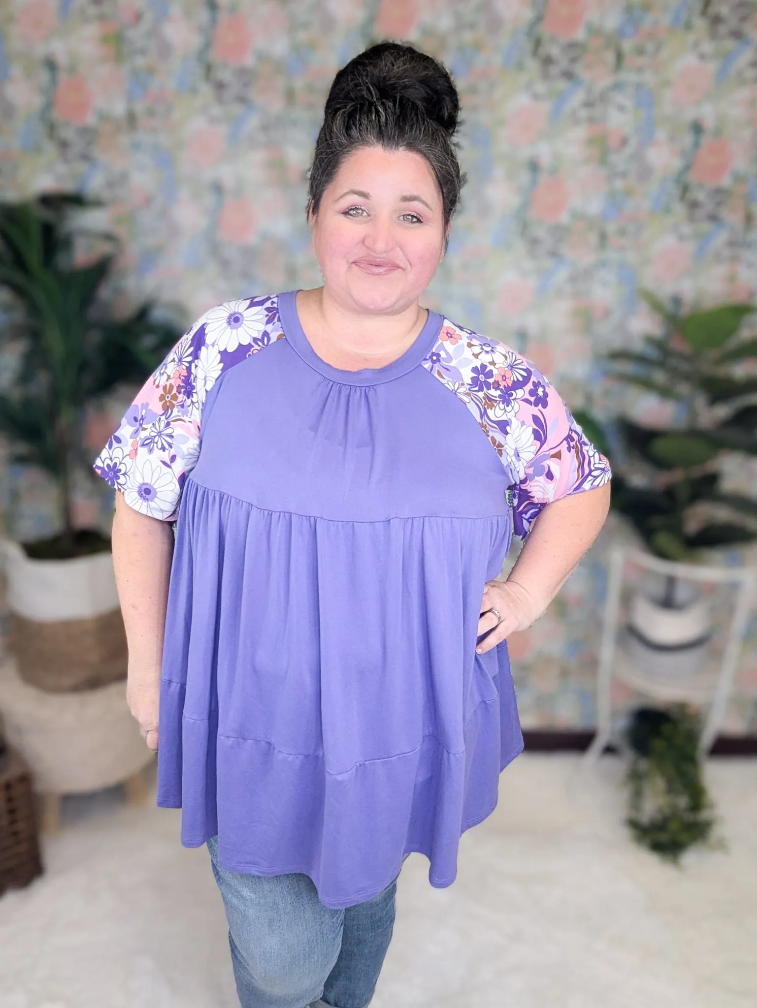 Miranda Floral Sleeve Tiered Top in Purple