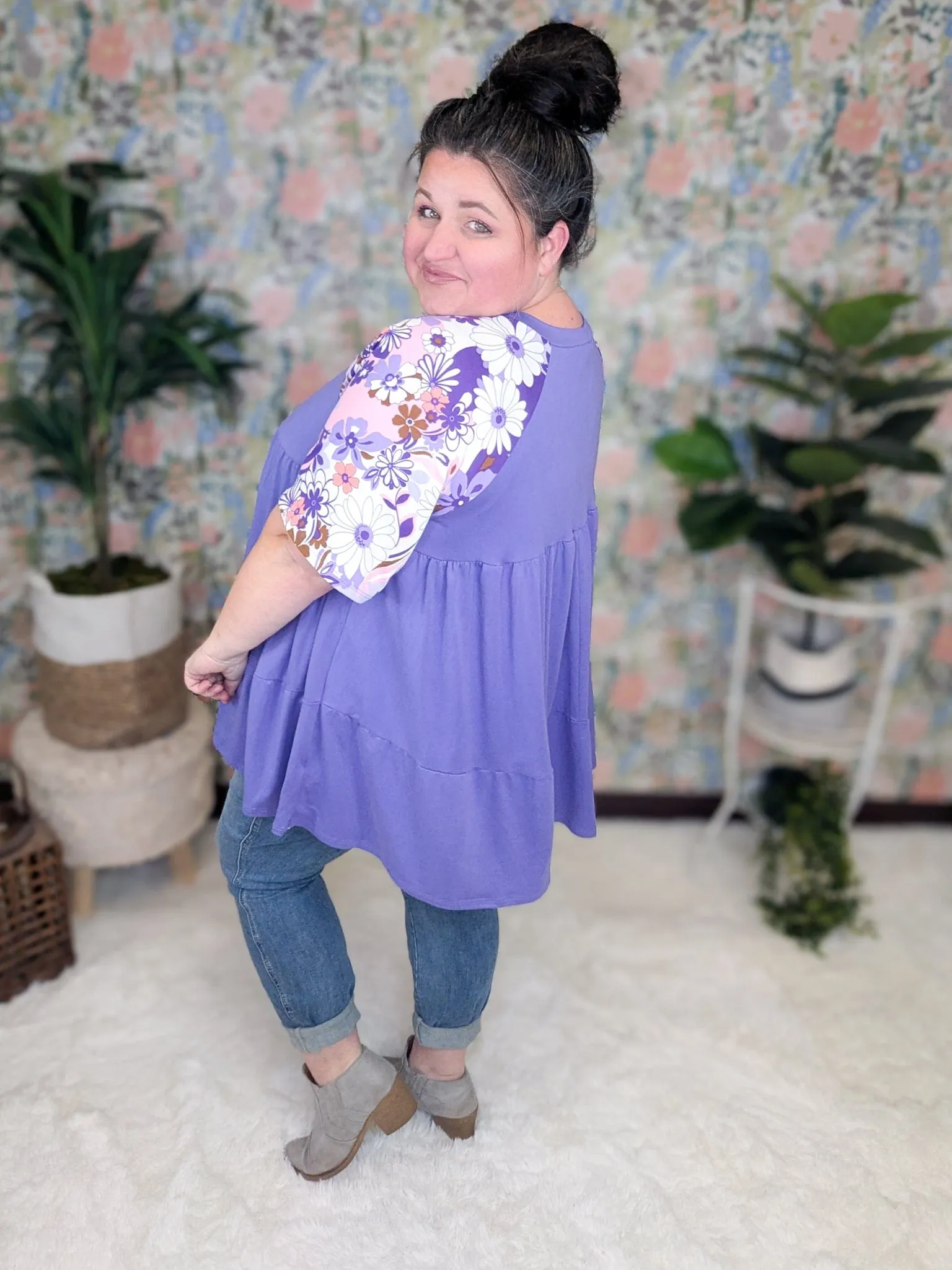 Miranda Floral Sleeve Tiered Top in Purple