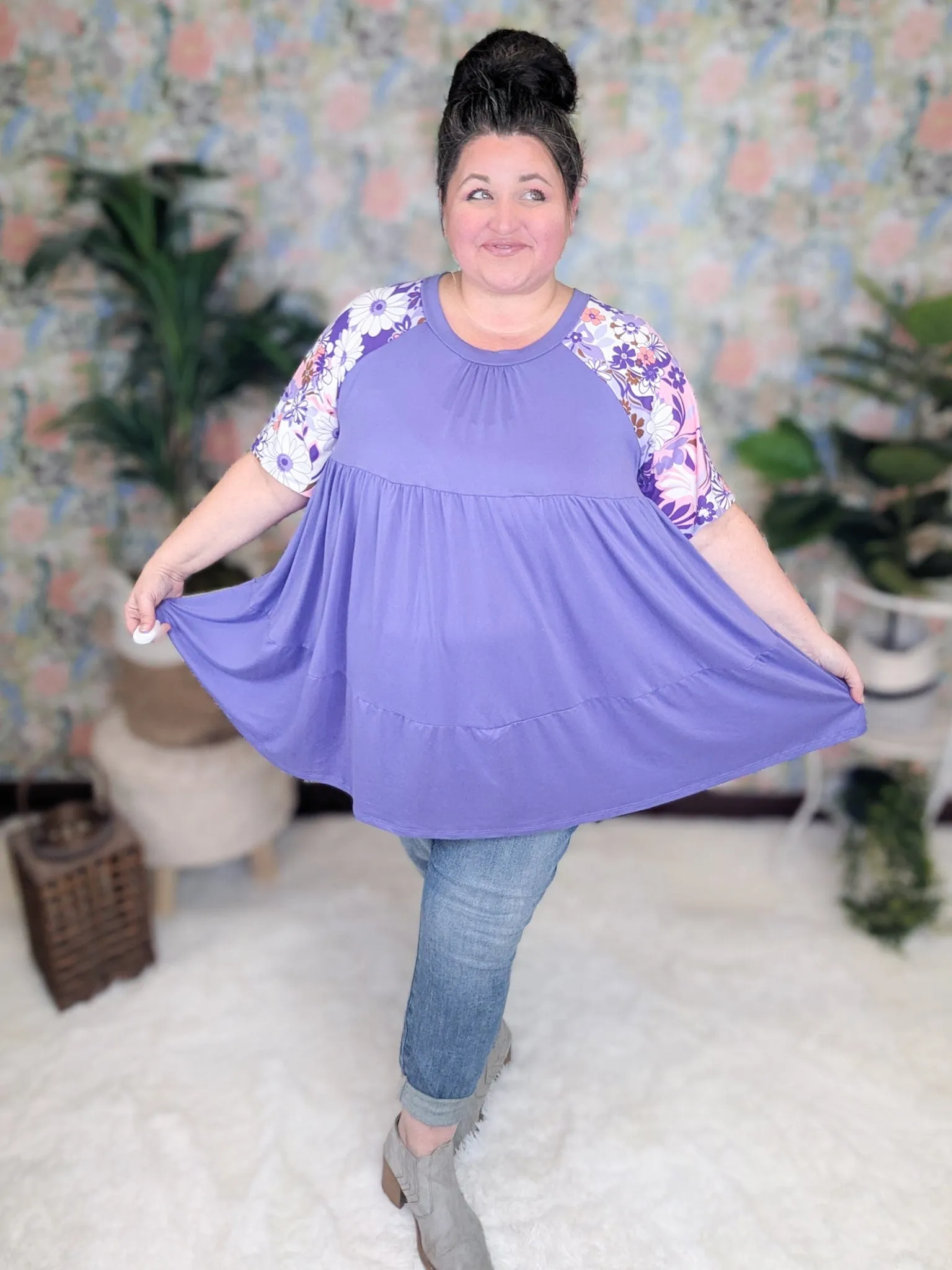 Miranda Floral Sleeve Tiered Top in Purple