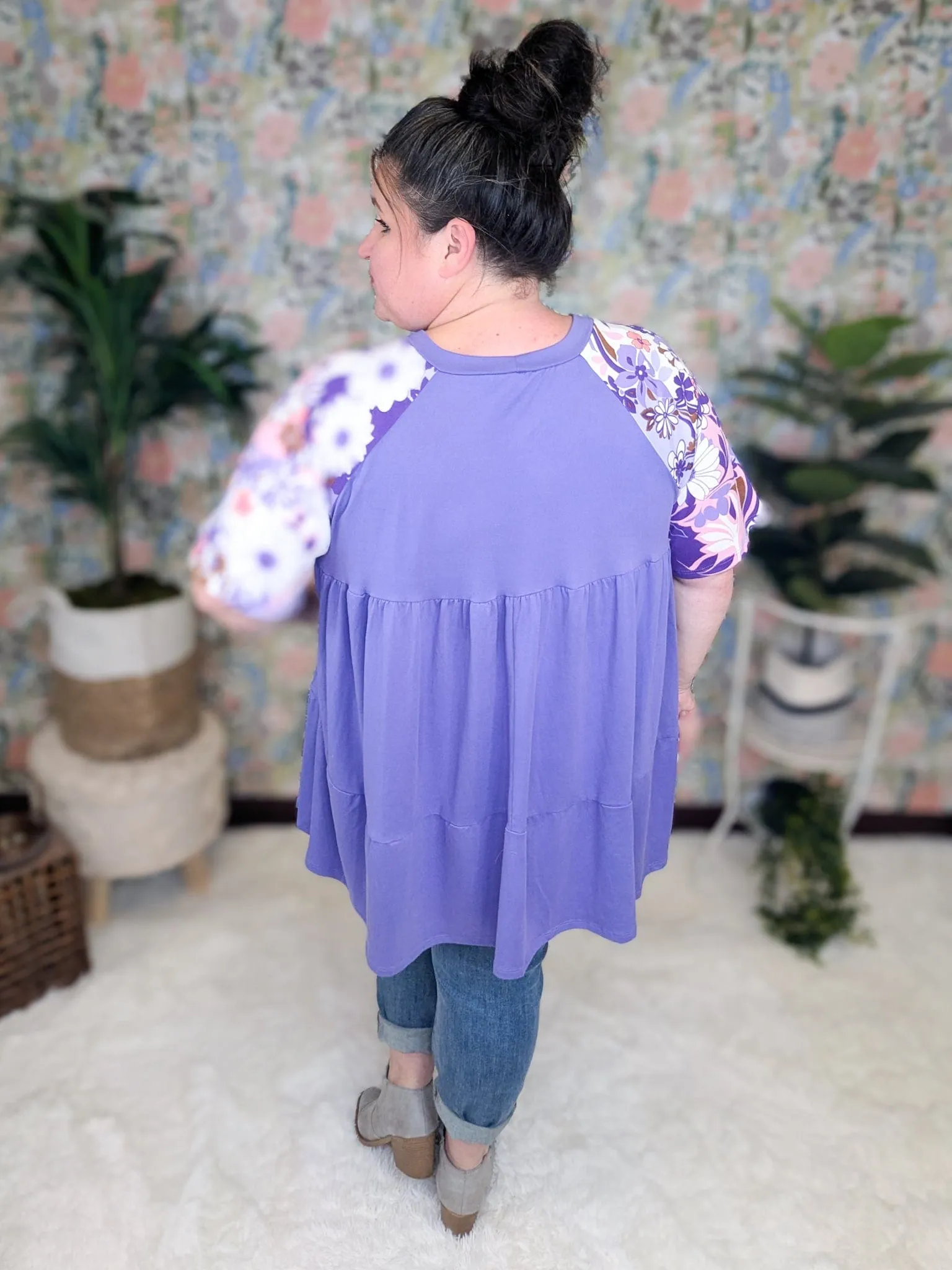 Miranda Floral Sleeve Tiered Top in Purple