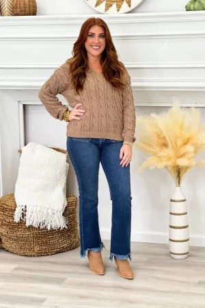 Mocha Long Sleeve V-Neck Knit Collar Top *Final Sale*
