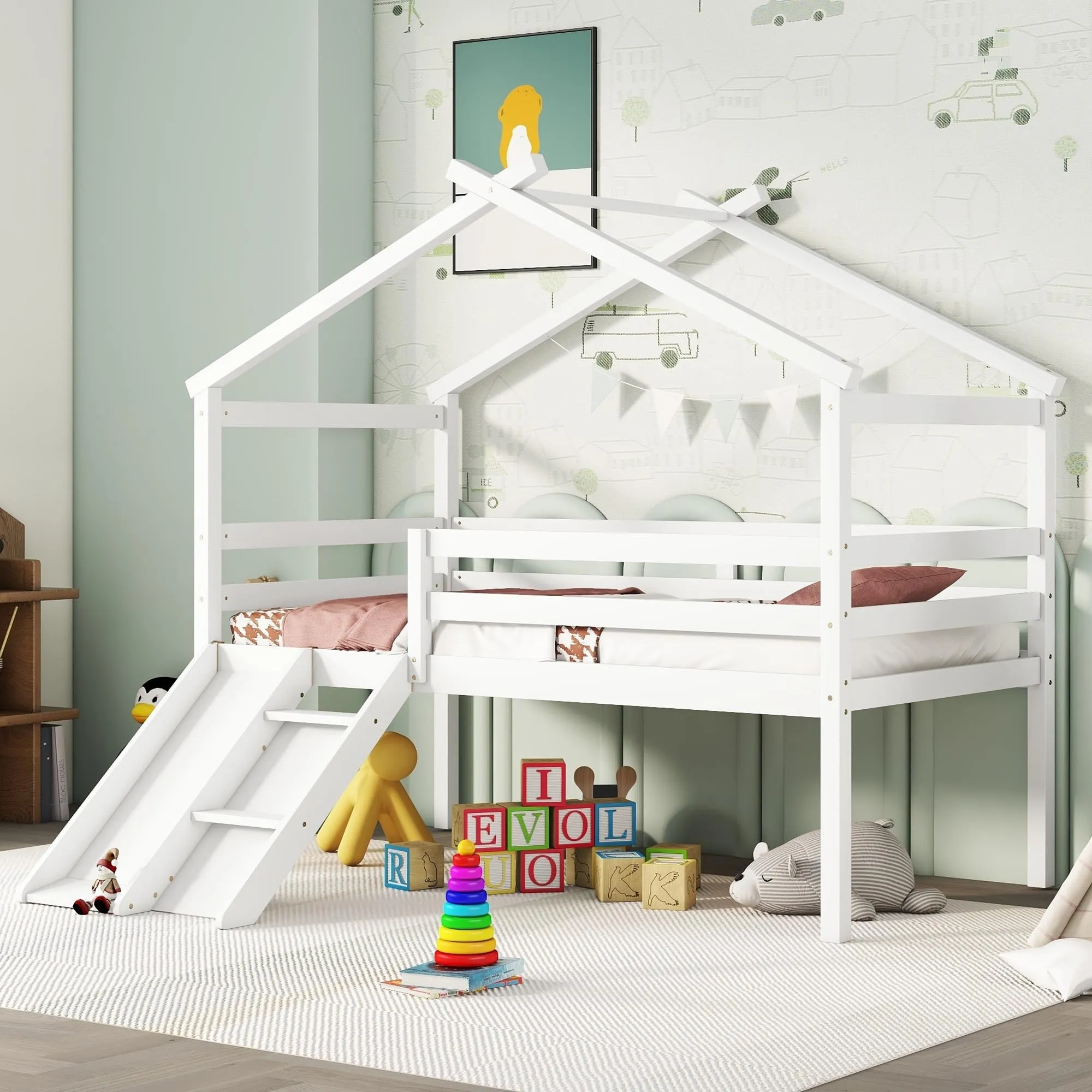 Modern Twin Pine Wood Roof Low Loft Bed W/Slide Ladder Safety