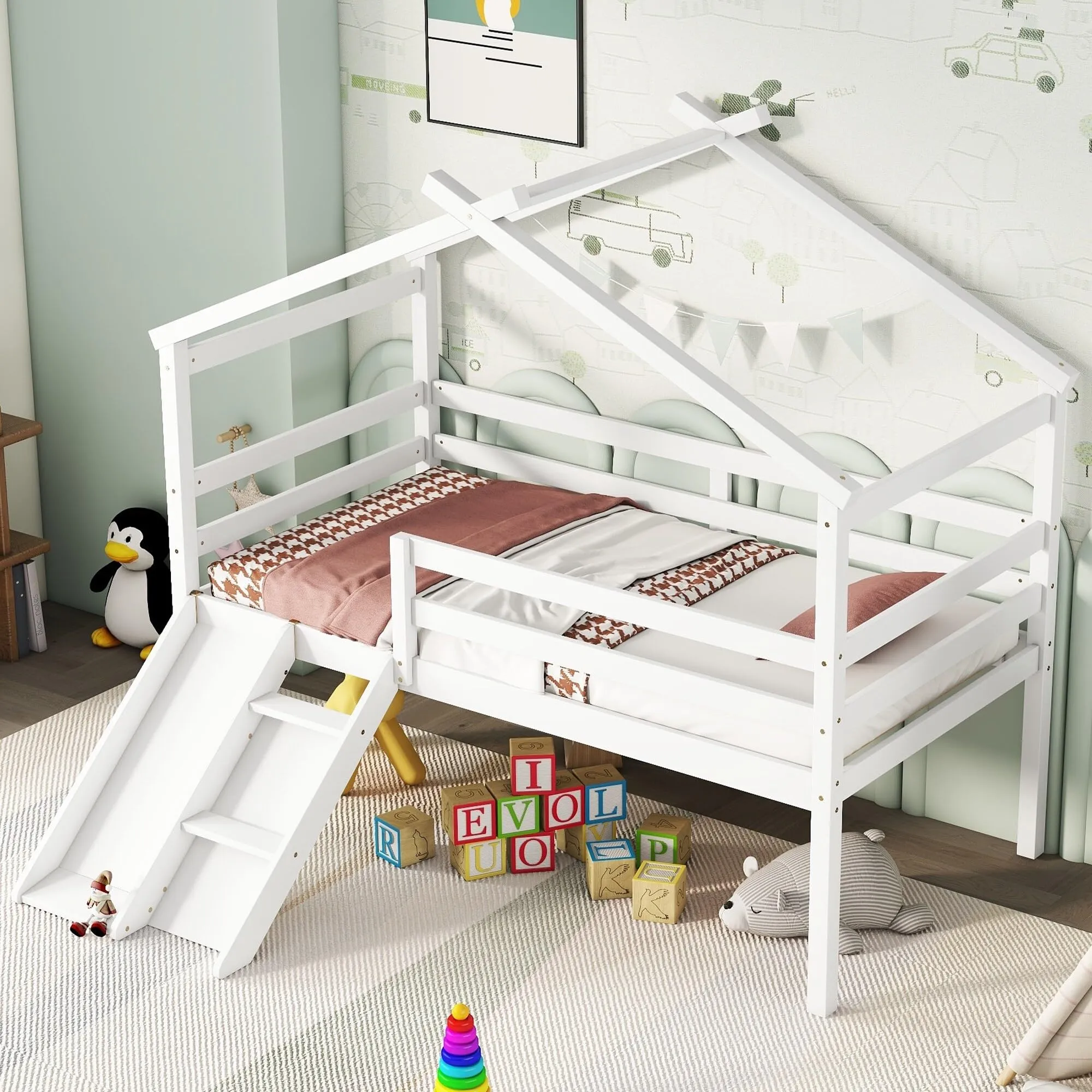Modern Twin Pine Wood Roof Low Loft Bed W/Slide Ladder Safety