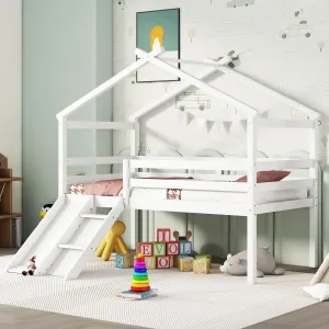 Modern Twin Pine Wood Roof Low Loft Bed W/Slide Ladder Safety