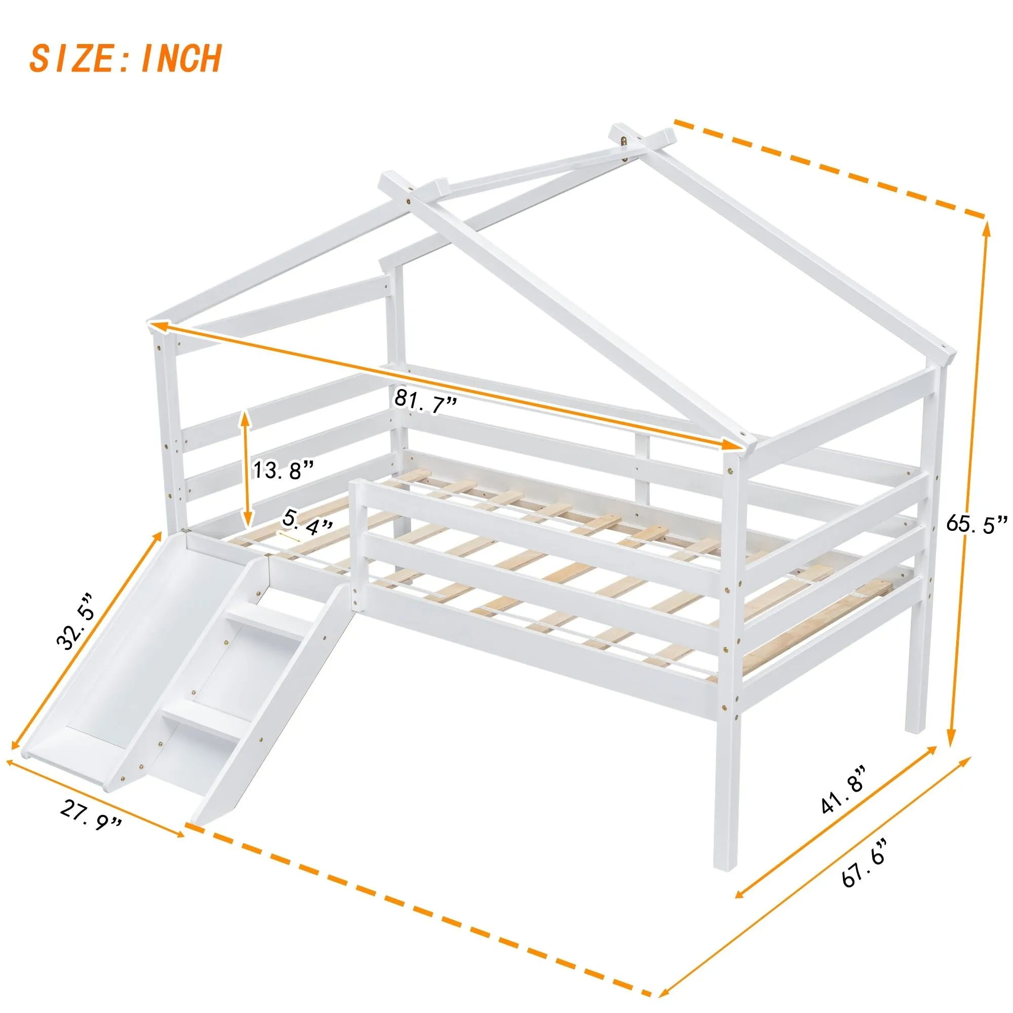 Modern Twin Pine Wood Roof Low Loft Bed W/Slide Ladder Safety