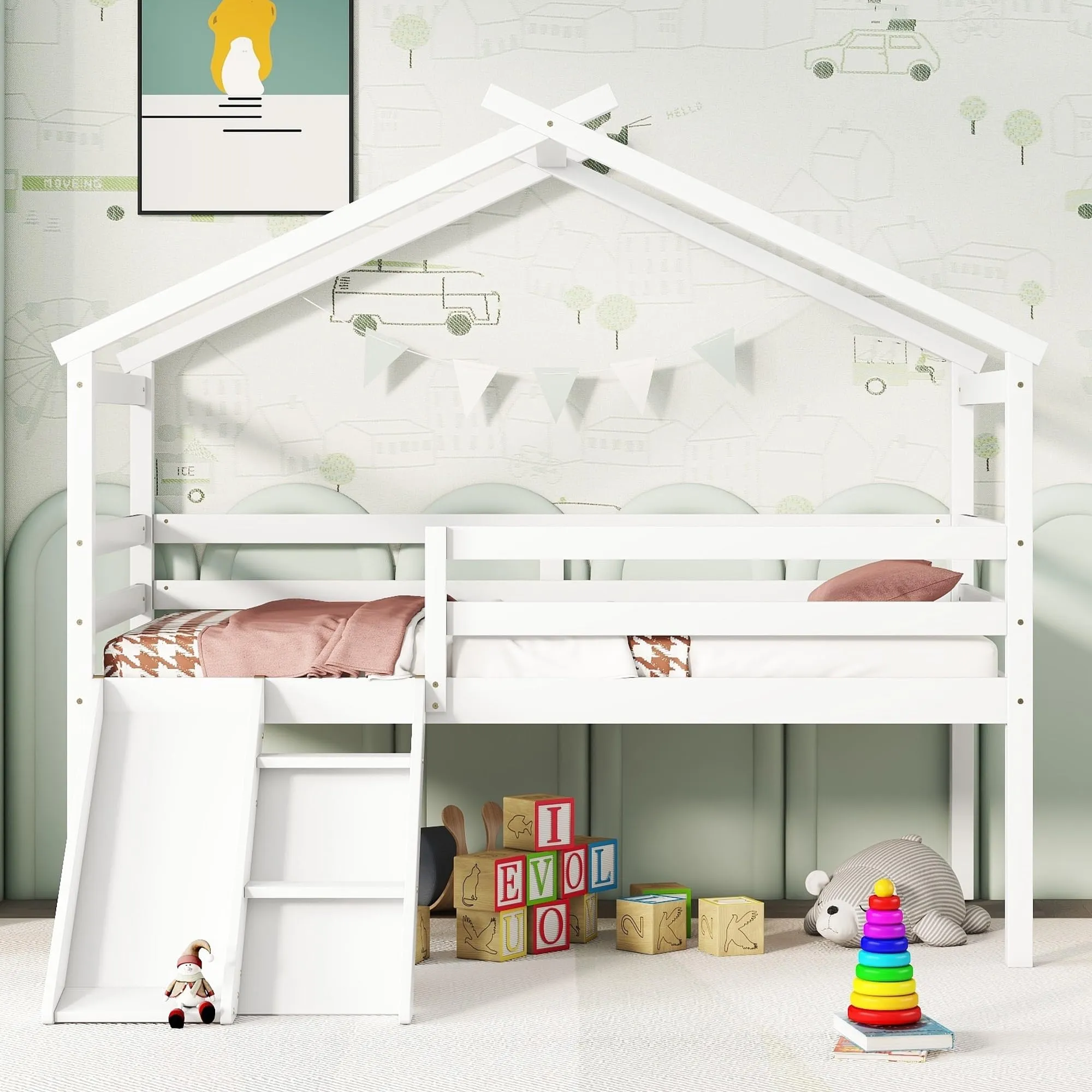 Modern Twin Pine Wood Roof Low Loft Bed W/Slide Ladder Safety