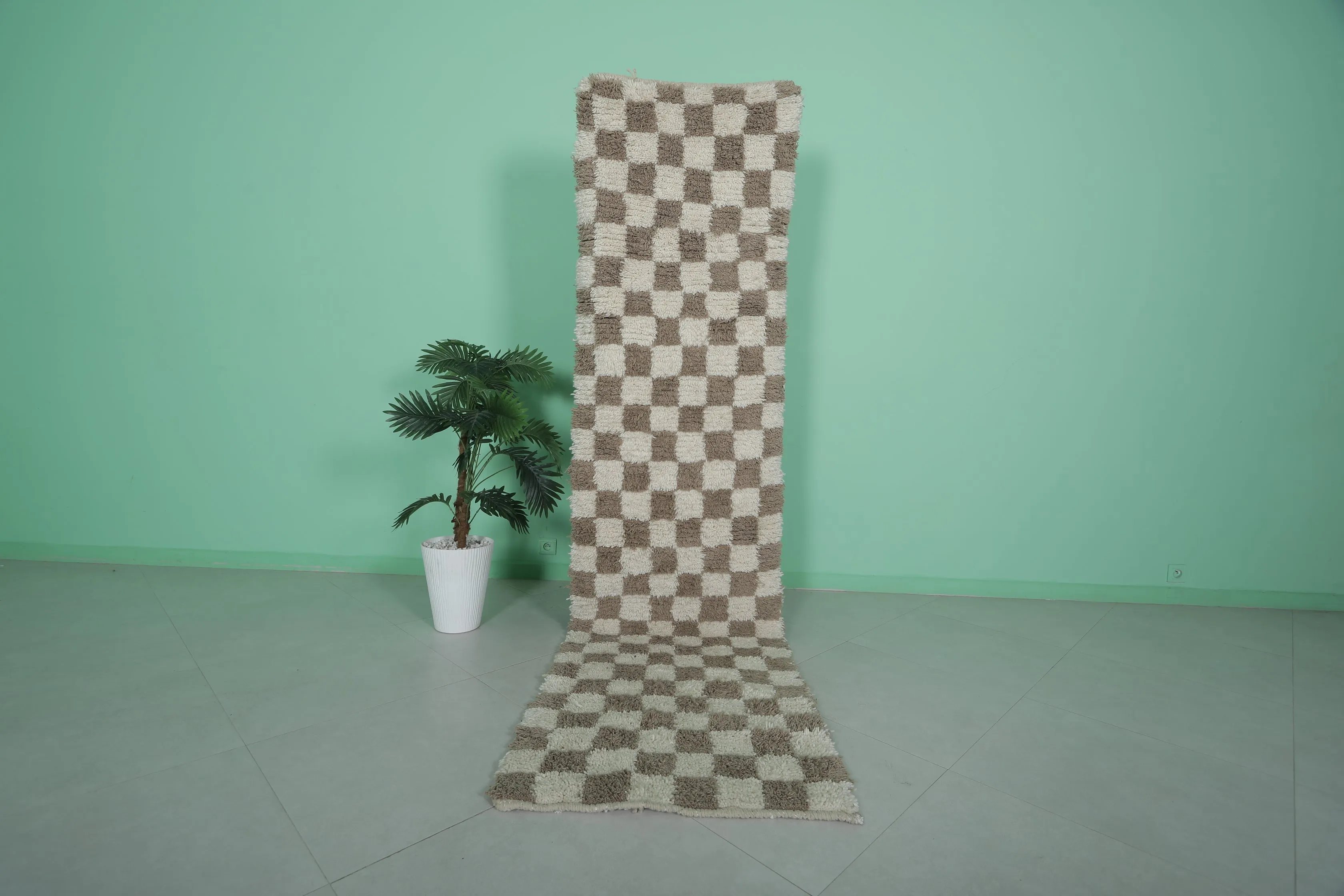 Moroccan Runner Rug - Handwoven 2.5 x 9.7 Feet | Checkered Wool Design