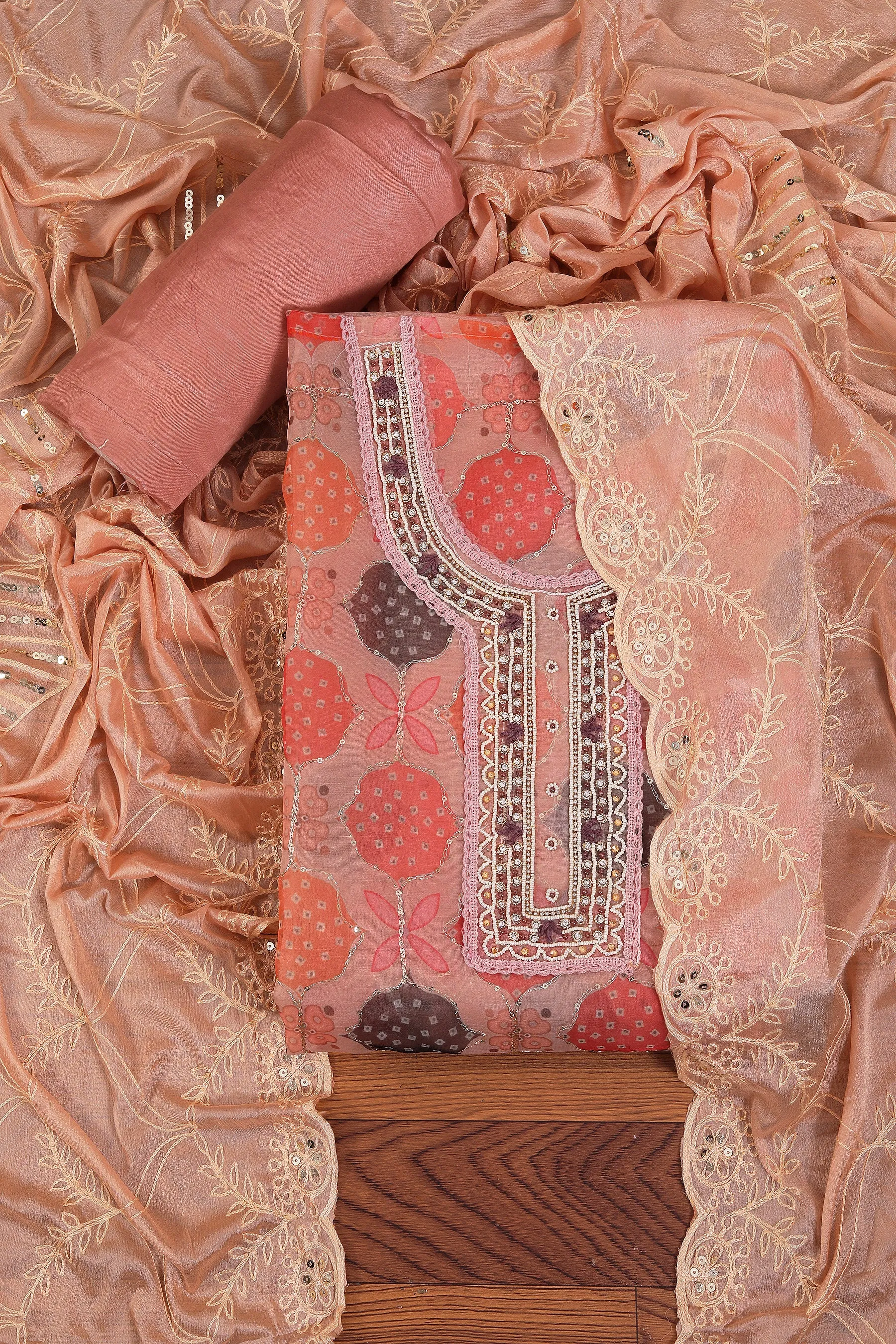 Multicolor Unstitched Embellished Organza Dress Material With Dupatta