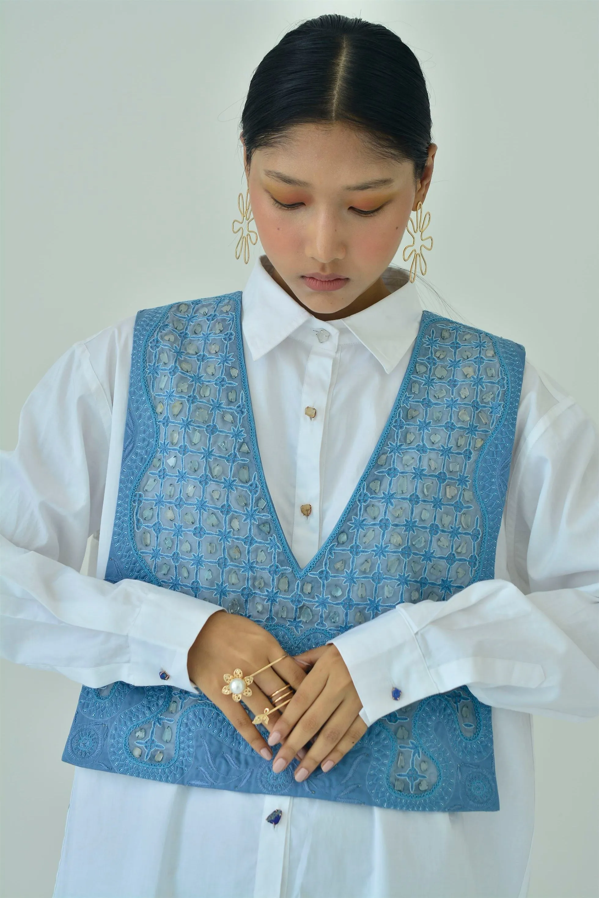 New Season Summer to Fall 2024-Overlay Embellished Silk Cerulean Blue-B/TS/058-Suzanne-Fashion Edit Hemji