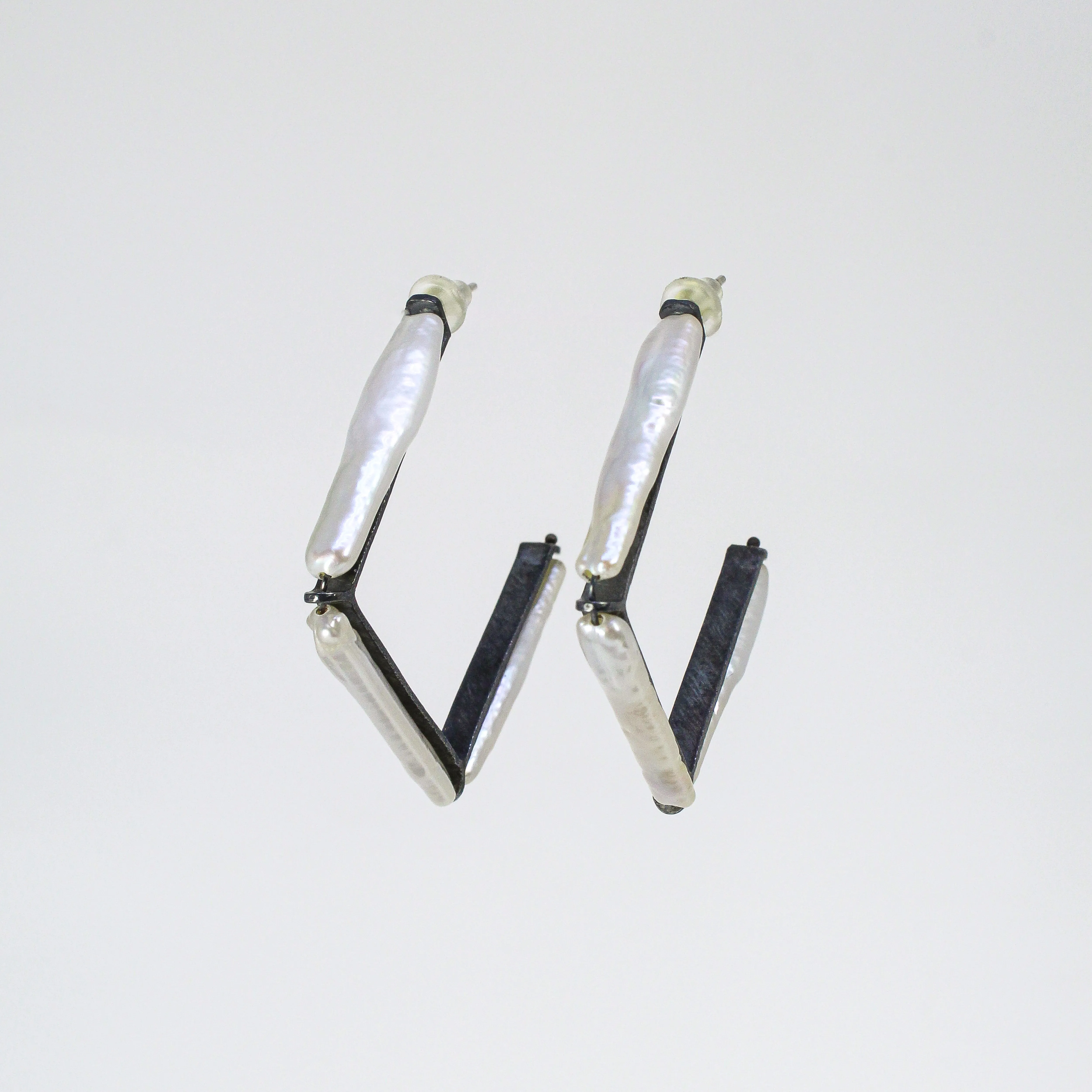 NEW! Small Carved Angled Hoop Earrings, Oxidized Silver with White Biwa Pearls by Heather Guidero
