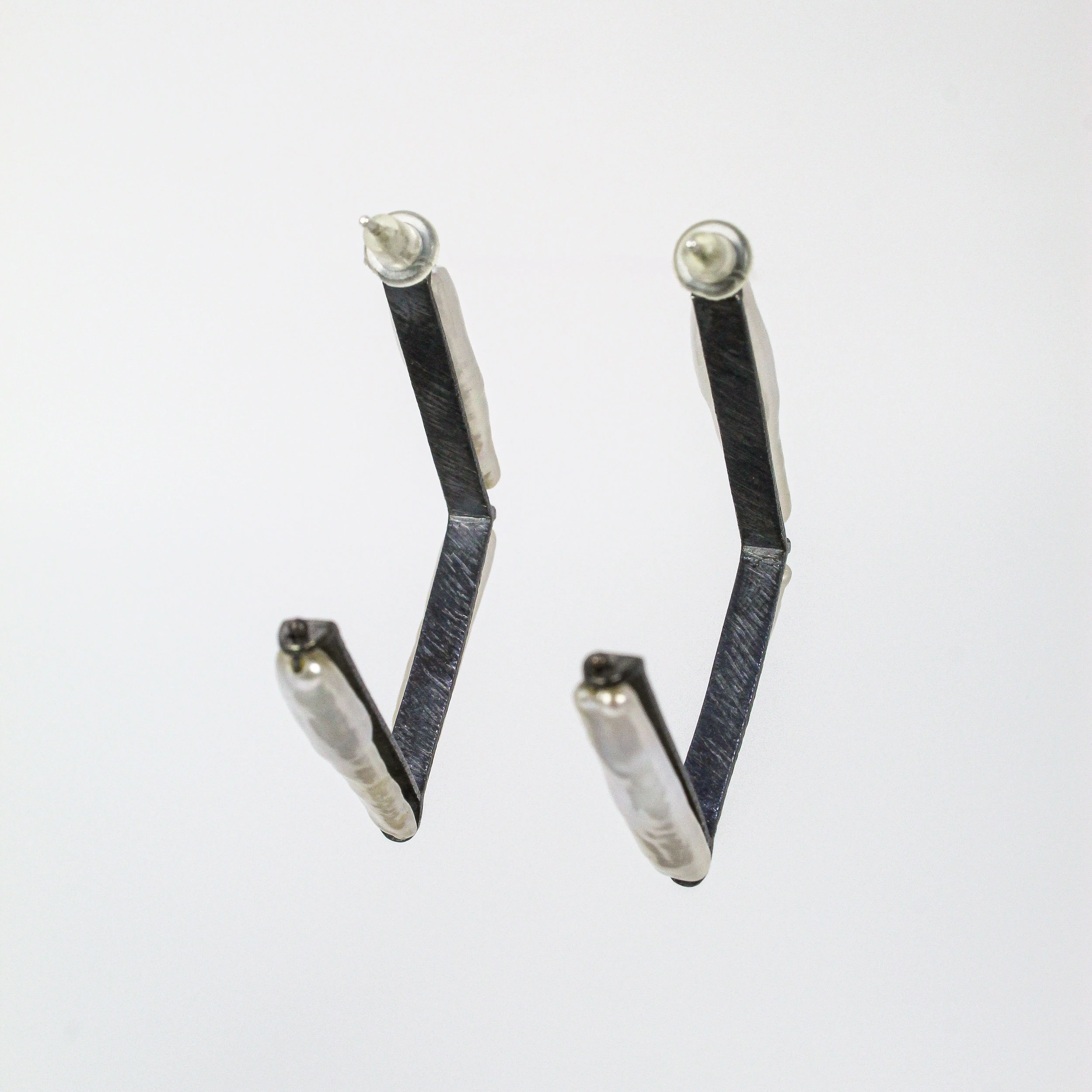 NEW! Small Carved Angled Hoop Earrings, Oxidized Silver with White Biwa Pearls by Heather Guidero
