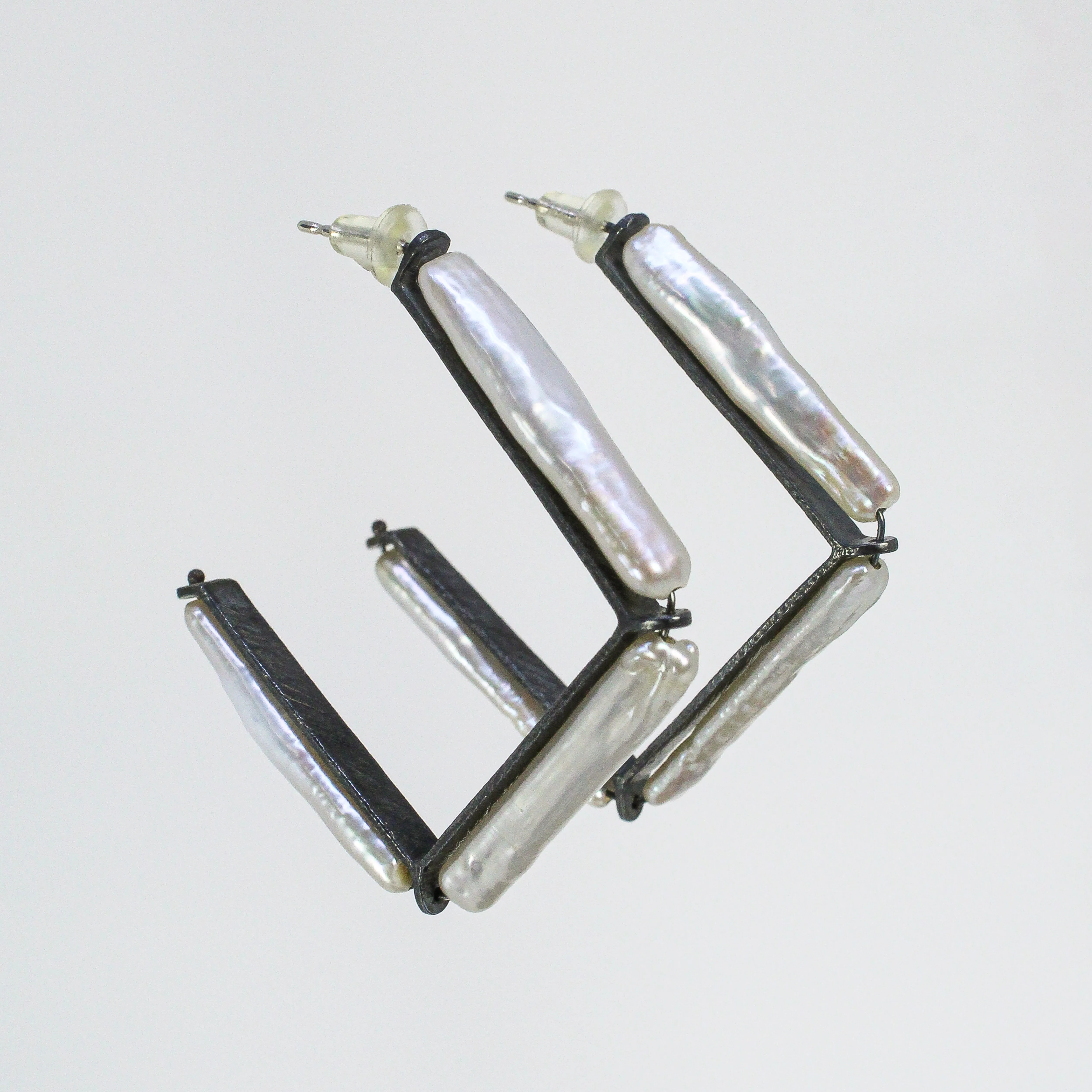 NEW! Small Carved Angled Hoop Earrings, Oxidized Silver with White Biwa Pearls by Heather Guidero