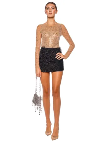 Nude Crystal Embellished Tulle Bodysuit