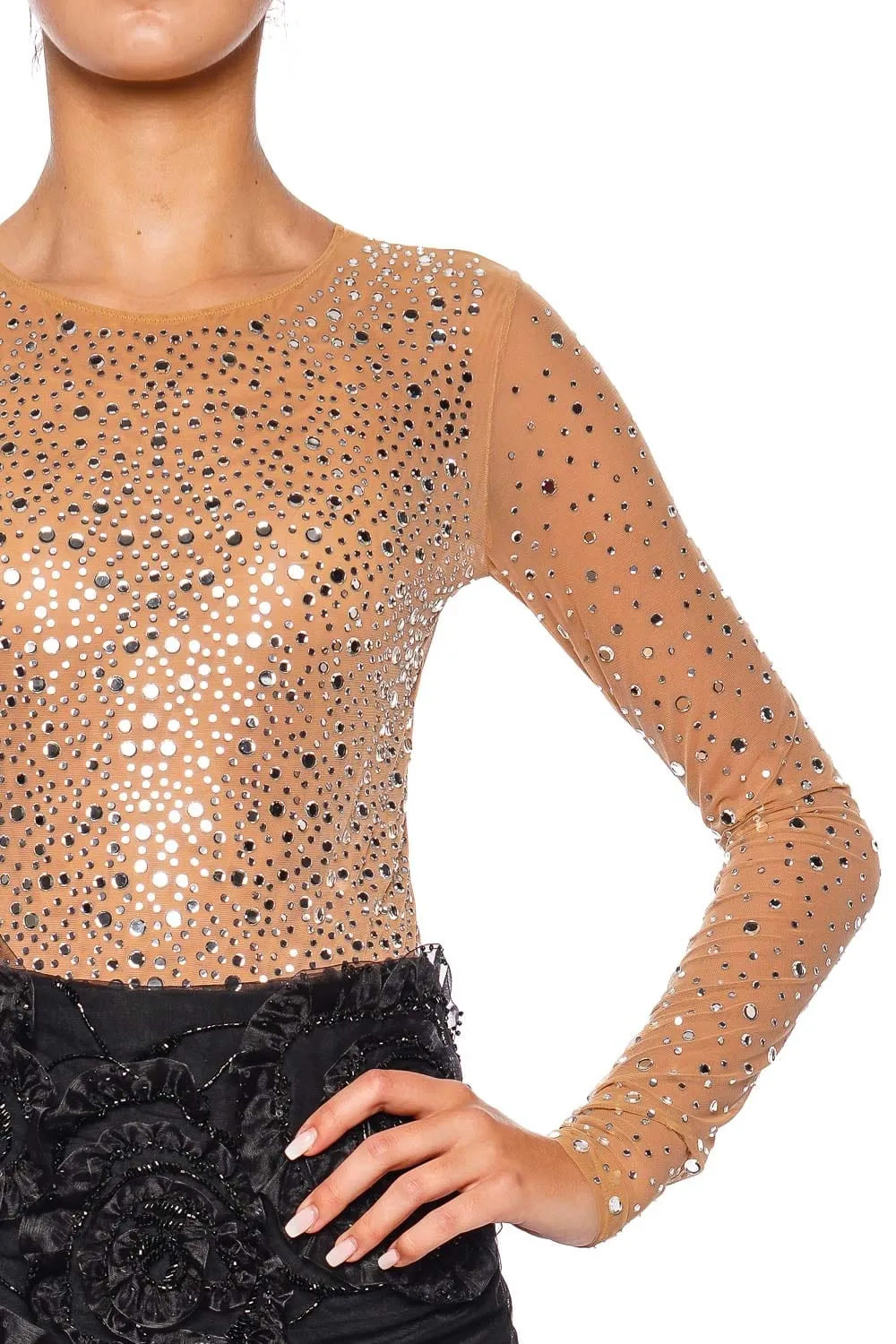 Nude Crystal Embellished Tulle Bodysuit