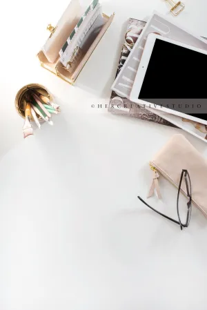 Nude Workspace & Tablet on White Background