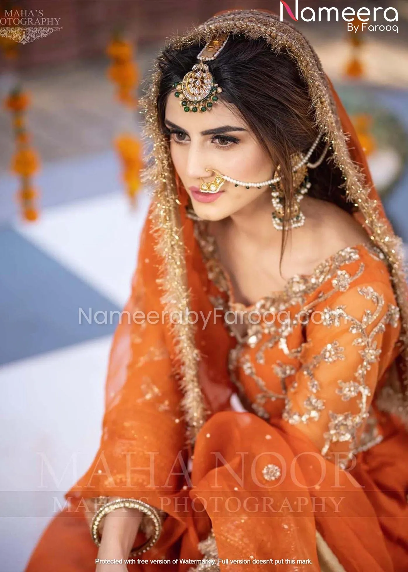 Orange Organza Pakistani Long Dress for Bridal #BN162