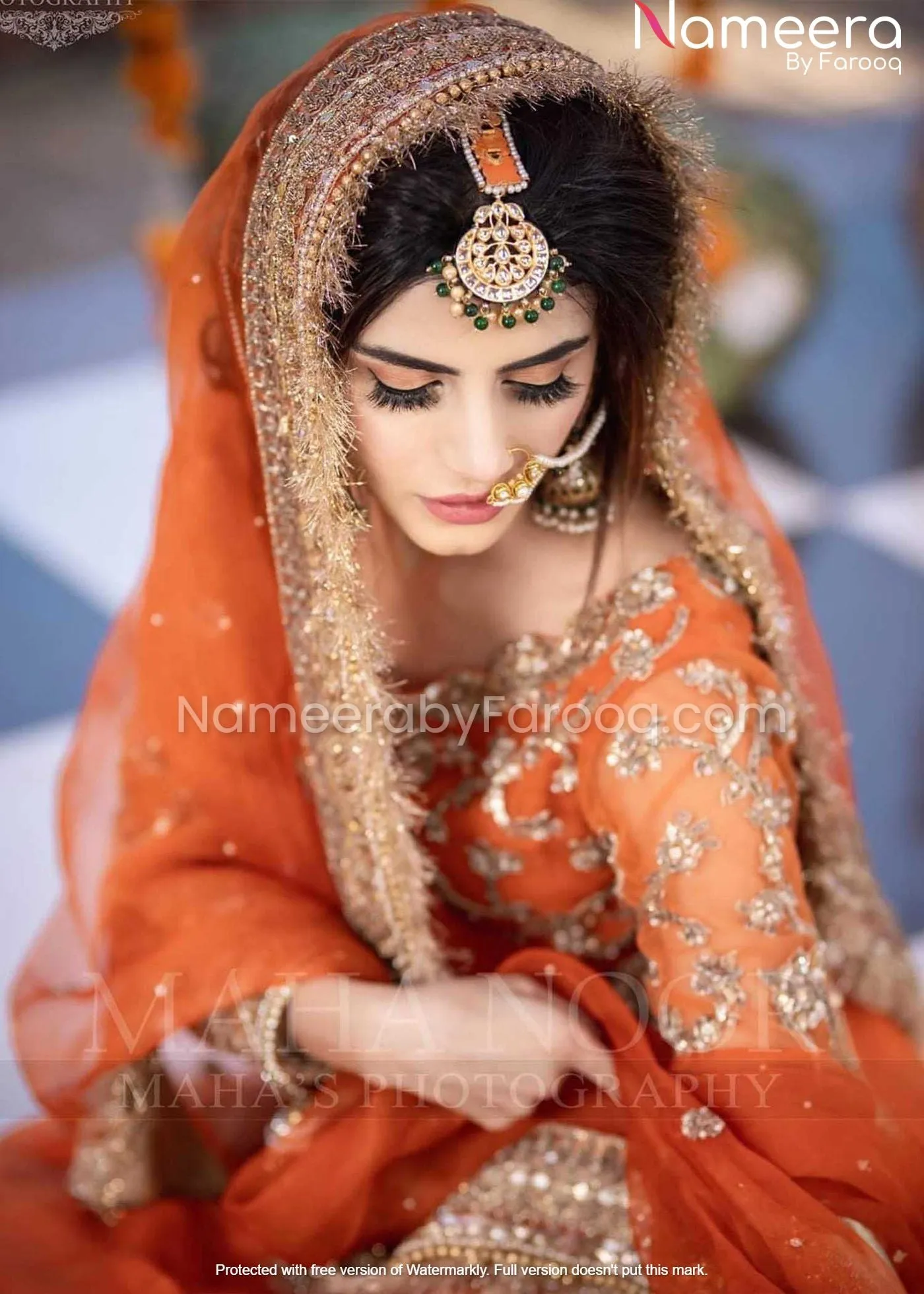 Orange Organza Pakistani Long Dress for Bridal #BN162