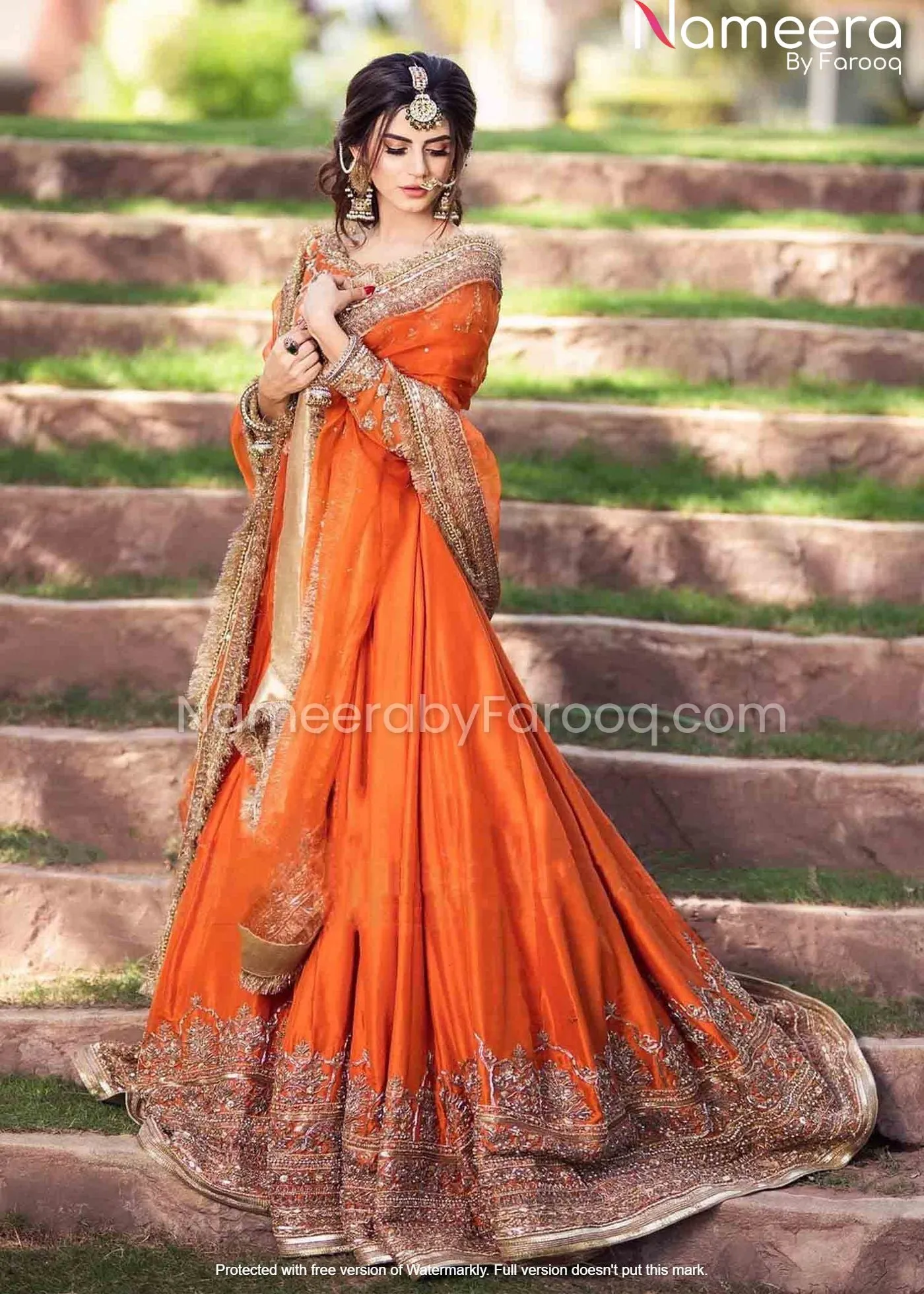 Orange Organza Pakistani Long Dress for Bridal #BN162