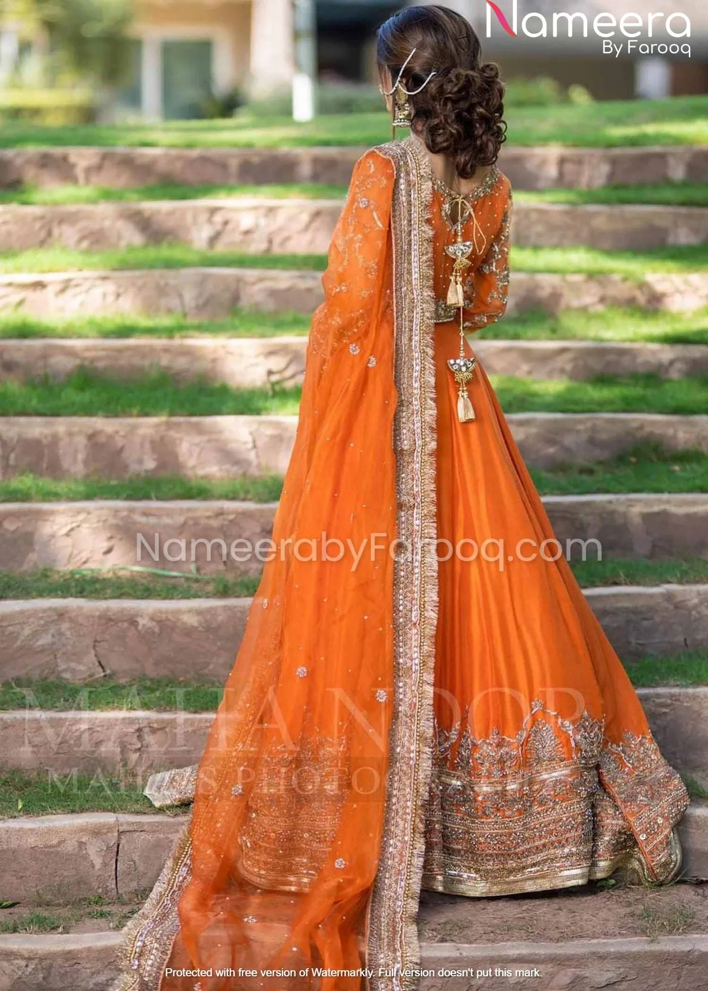 Orange Organza Pakistani Long Dress for Bridal #BN162