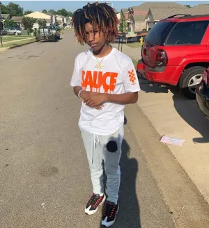 Orange Sauce | White Tee (Solid Checkered Drippin Sleeve)
