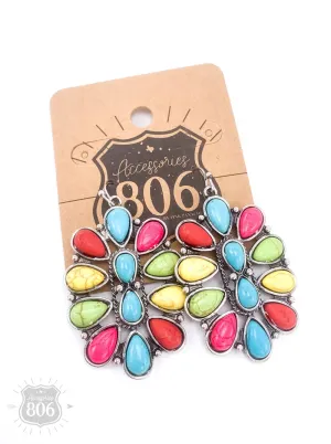 Oval Flower Earrings with Multi-Color Stones