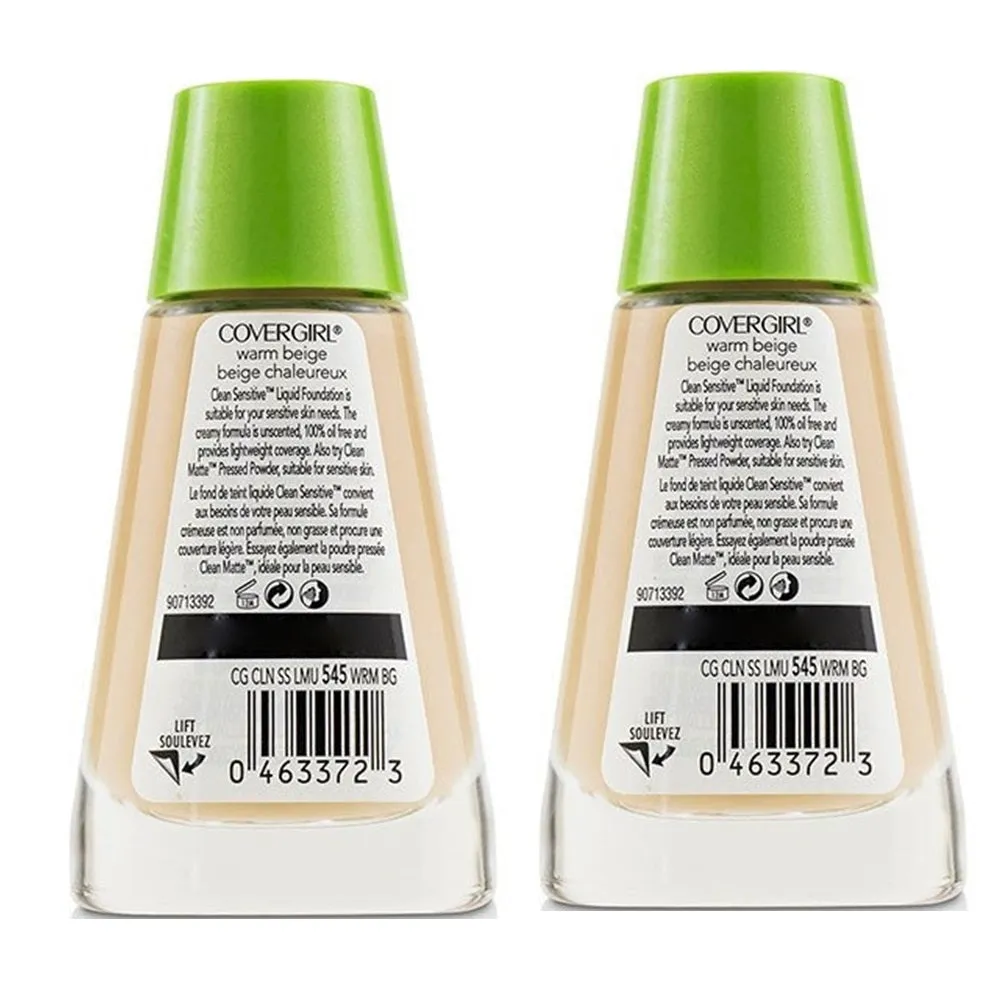 Pack of 2 CoverGirl Clean Sensitive Liquid Foundation, Warm Beige 545