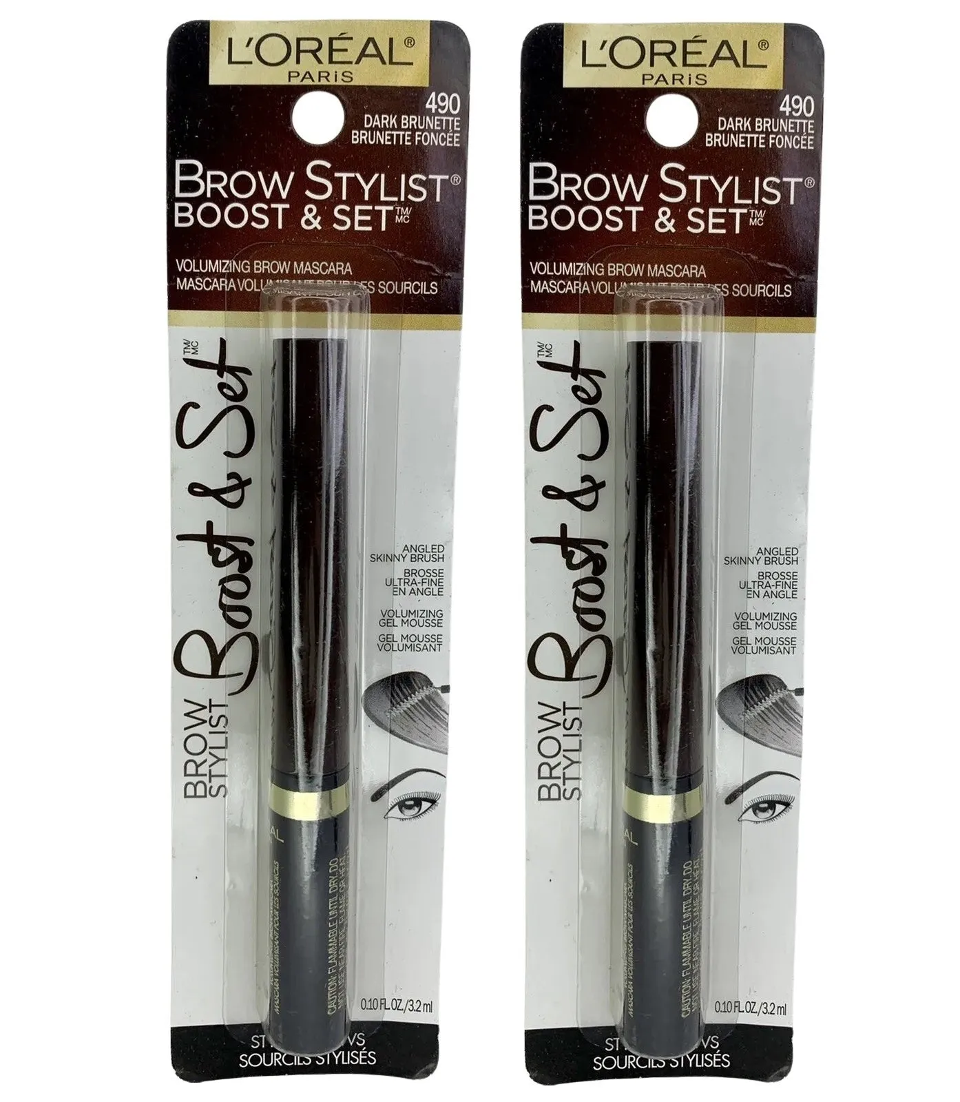 Pack of 2 L'Oreal Paris Brow Stylist Boost and Set Volumizing Brow Mascara, Dark Brunette 490