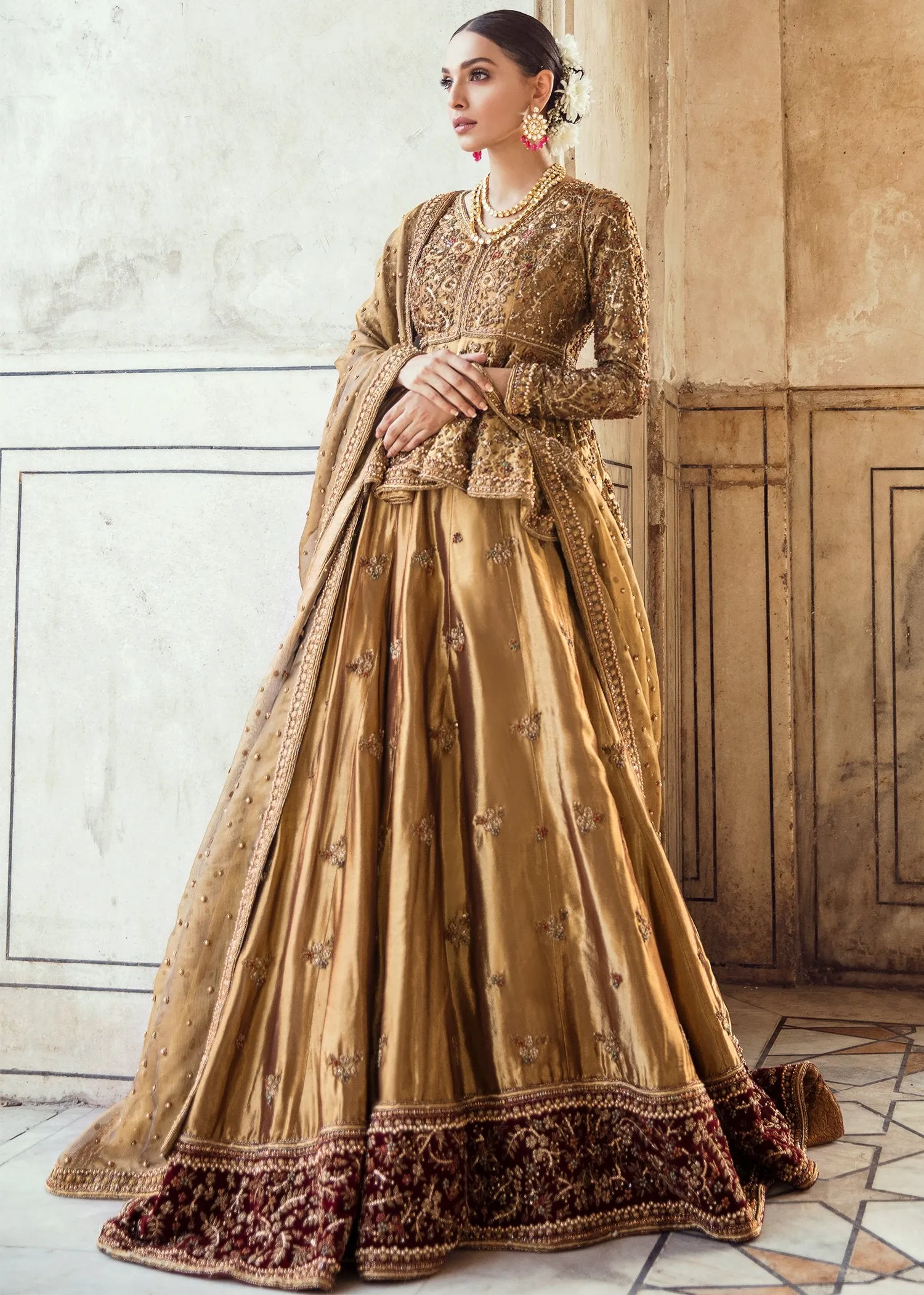 Pakistani Bridal Lehnga Shirt in Golden Color for Wedding #J5105