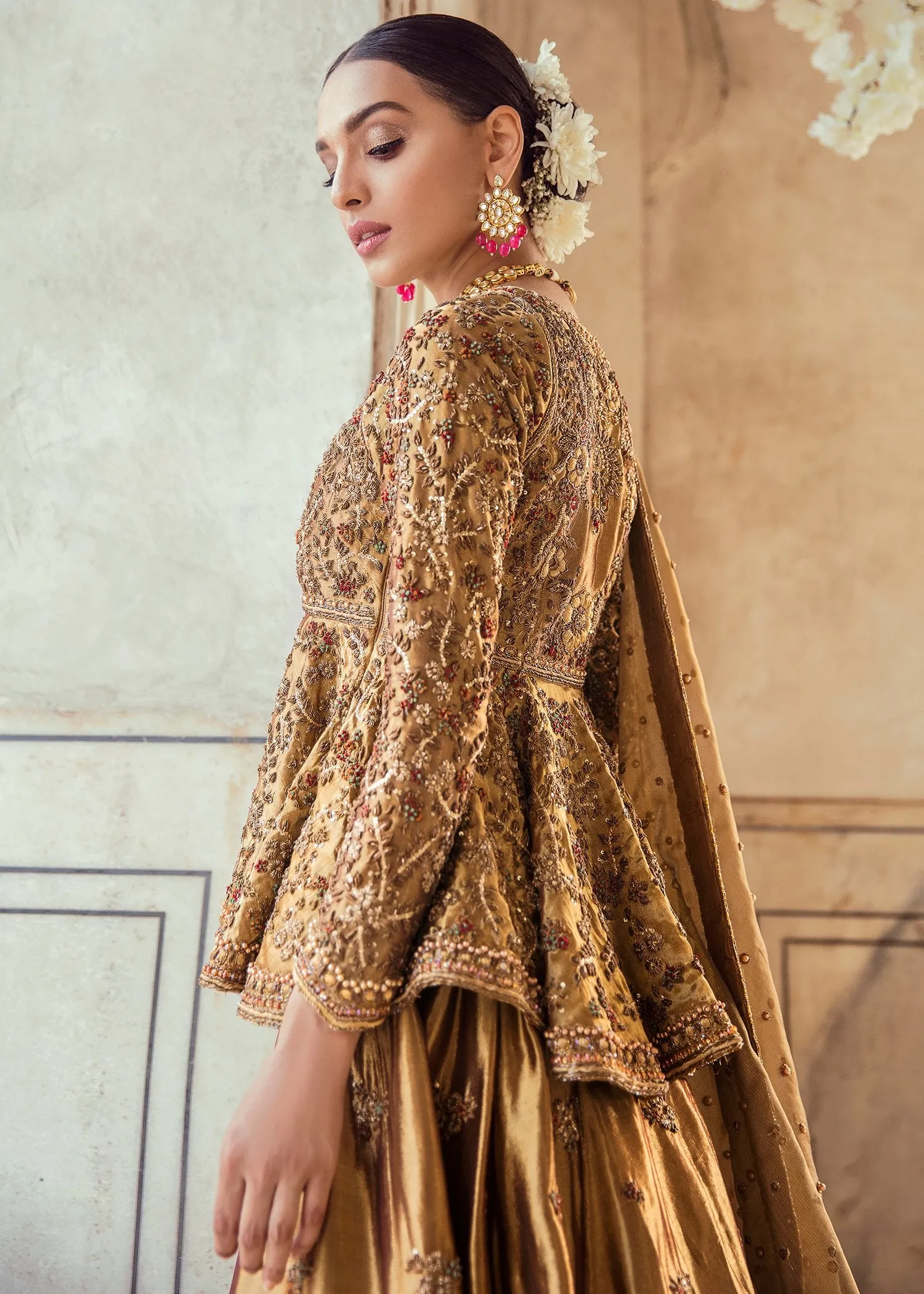 Pakistani Bridal Lehnga Shirt in Golden Color for Wedding #J5105