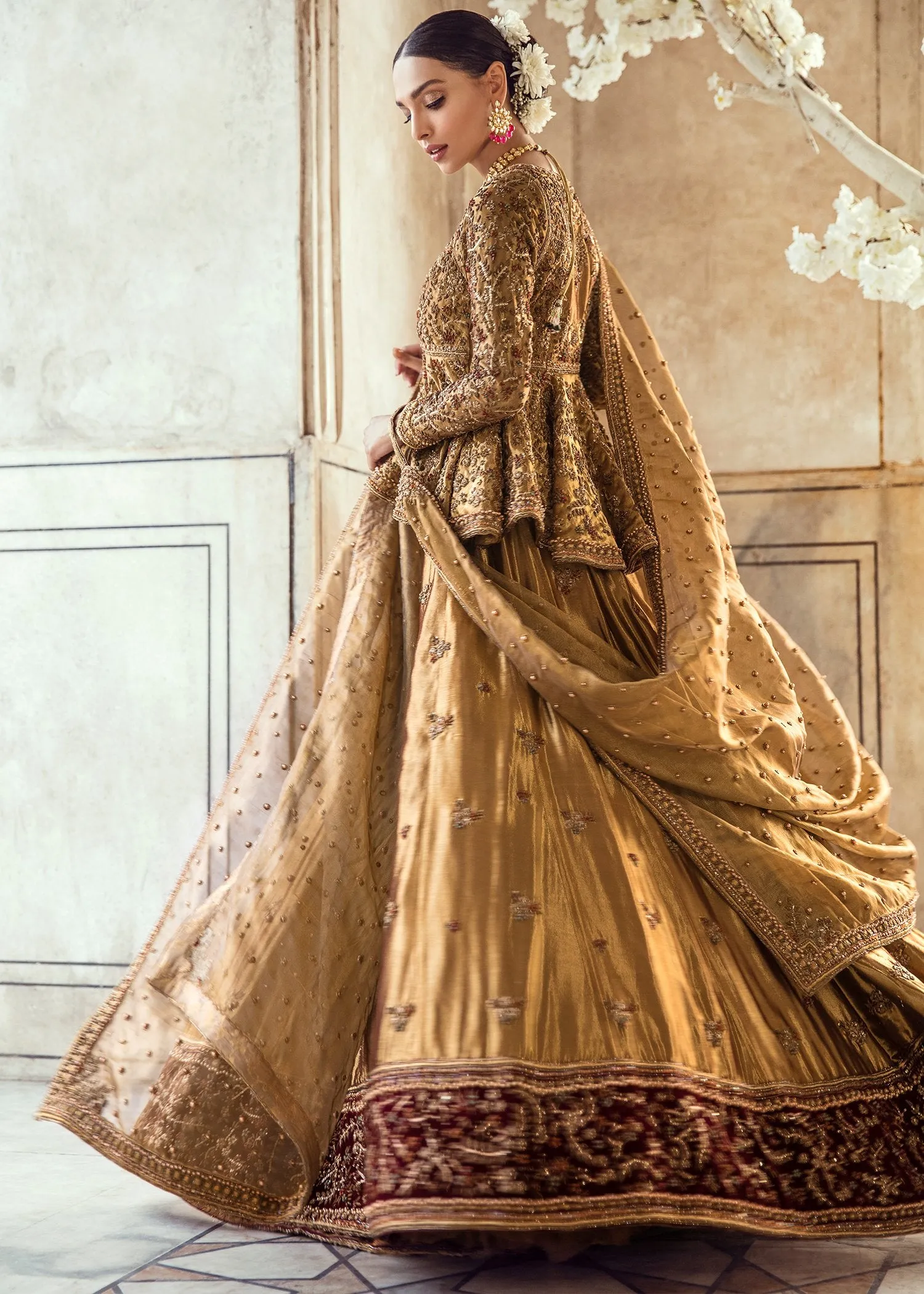Pakistani Bridal Lehnga Shirt in Golden Color for Wedding #J5105