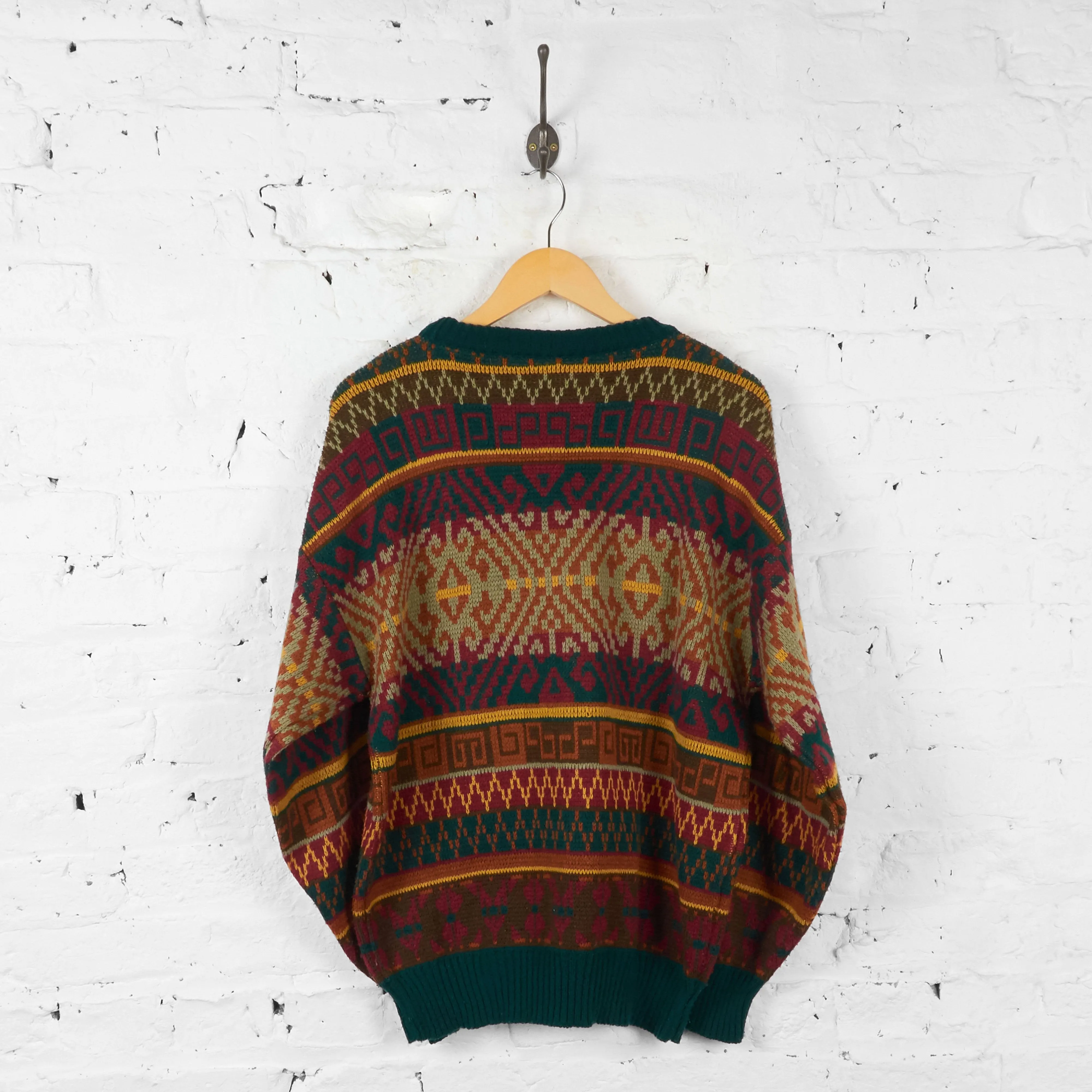 Patterned 90s Knit Jumper - Green/Red - XL