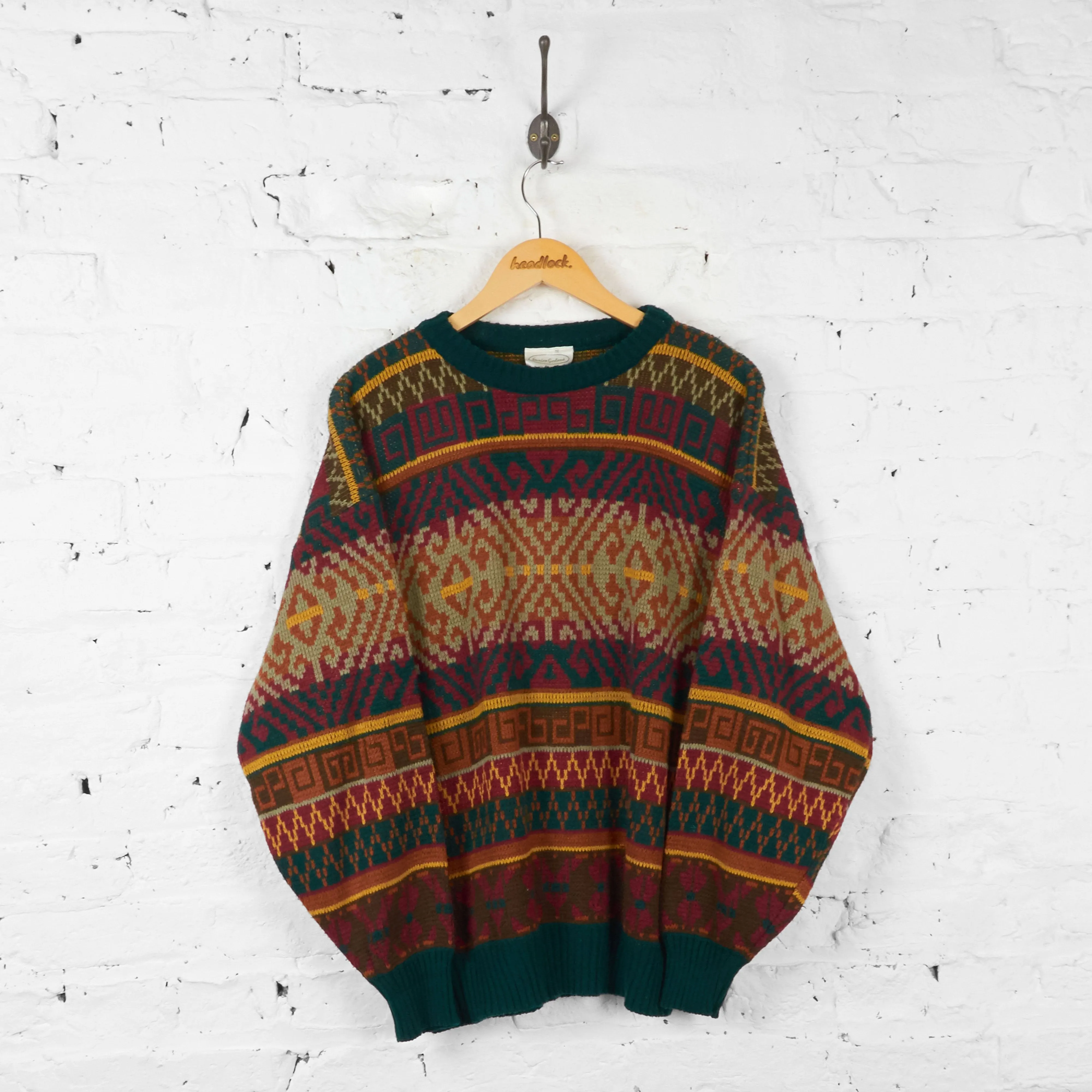 Patterned 90s Knit Jumper - Green/Red - XL