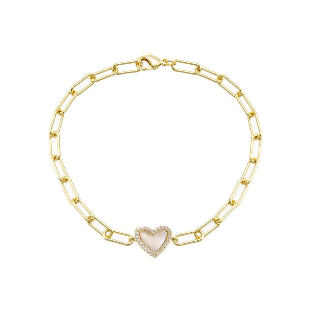 Pave Colored Stone Heart Paperclip Bracelet