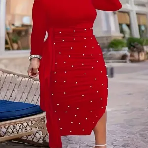 Pearl Embellished Asymmetrical Hem Dress