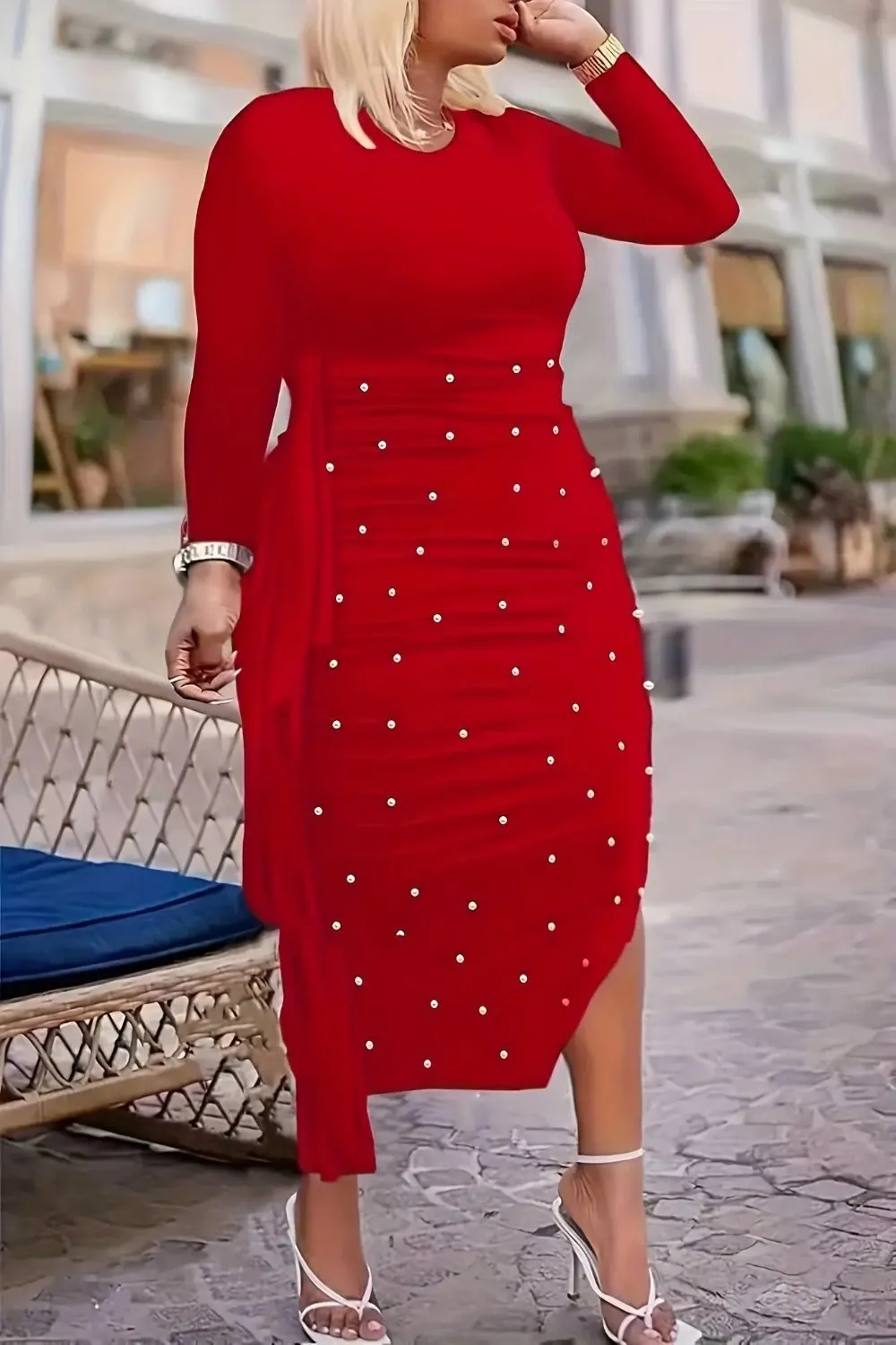Pearl Embellished Asymmetrical Hem Dress