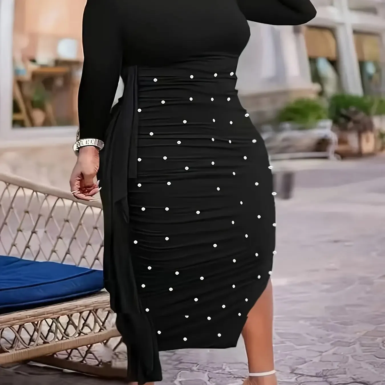 Pearl Embellished Asymmetrical Hem Dress