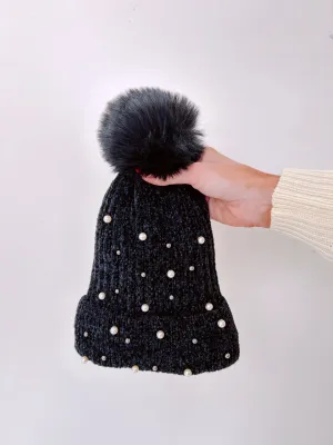 Pearla Adorned Pom Beanie - Black