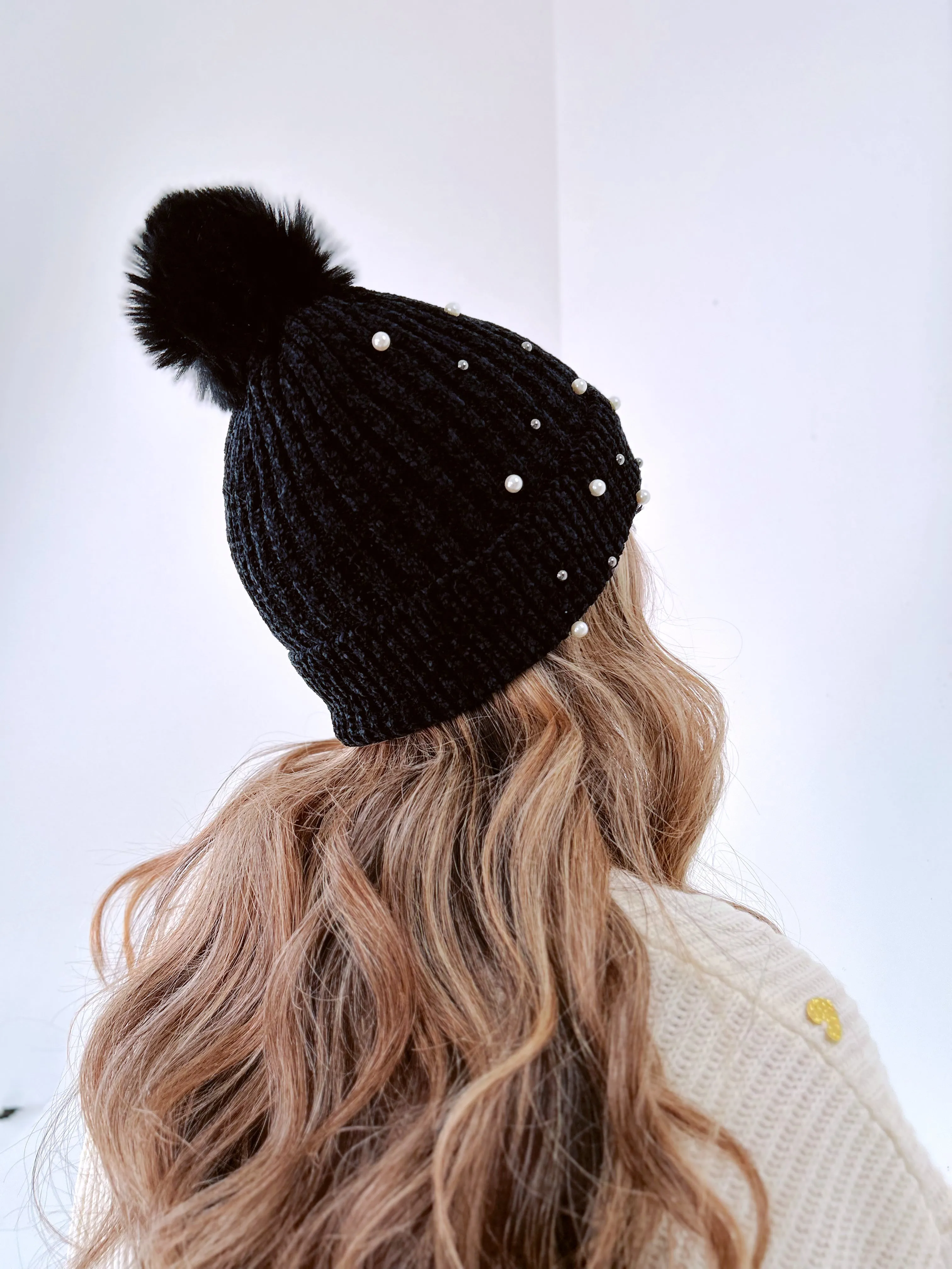 Pearla Adorned Pom Beanie - Black
