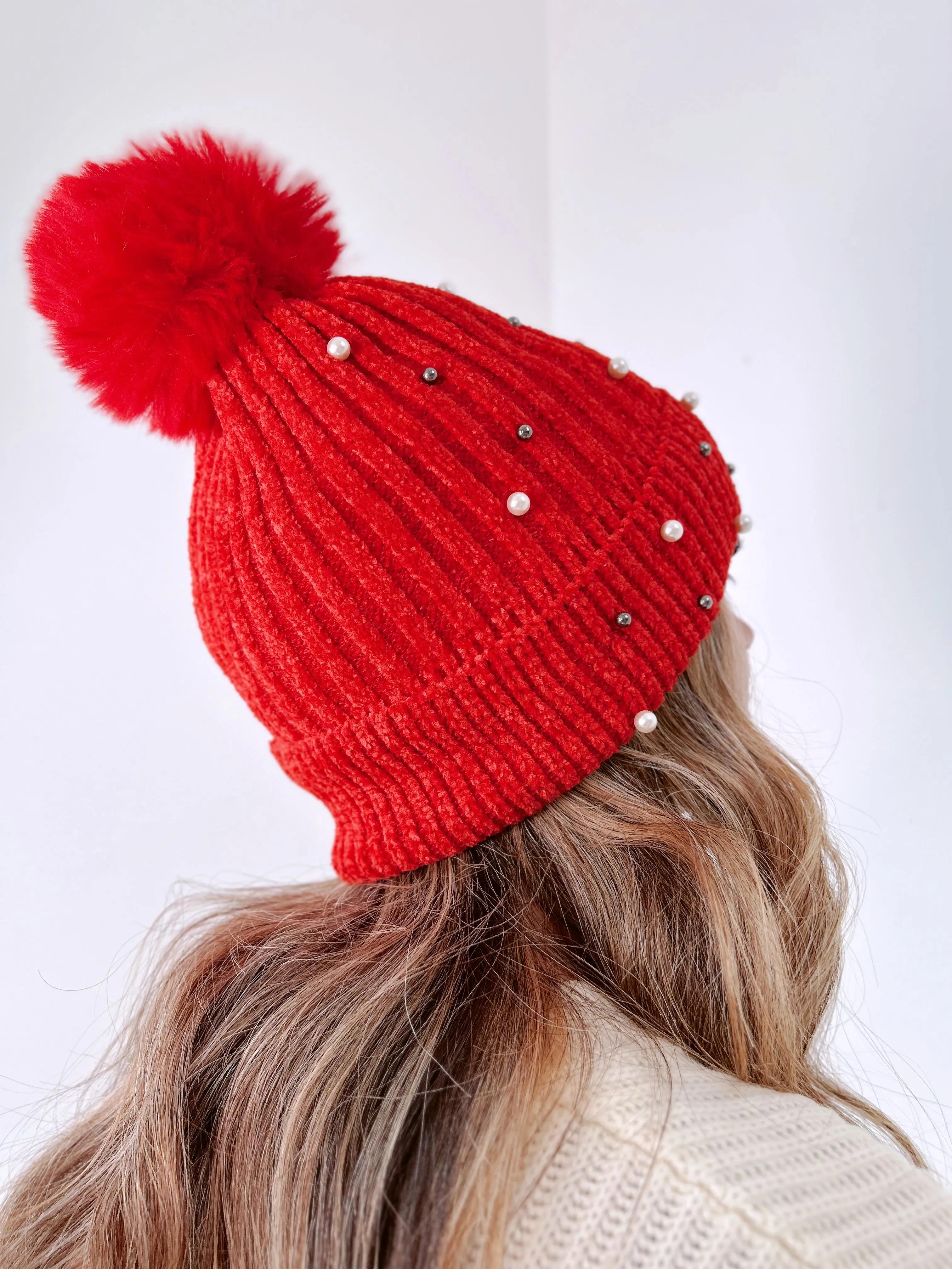 Pearla Adorned Pom Beanie - Red