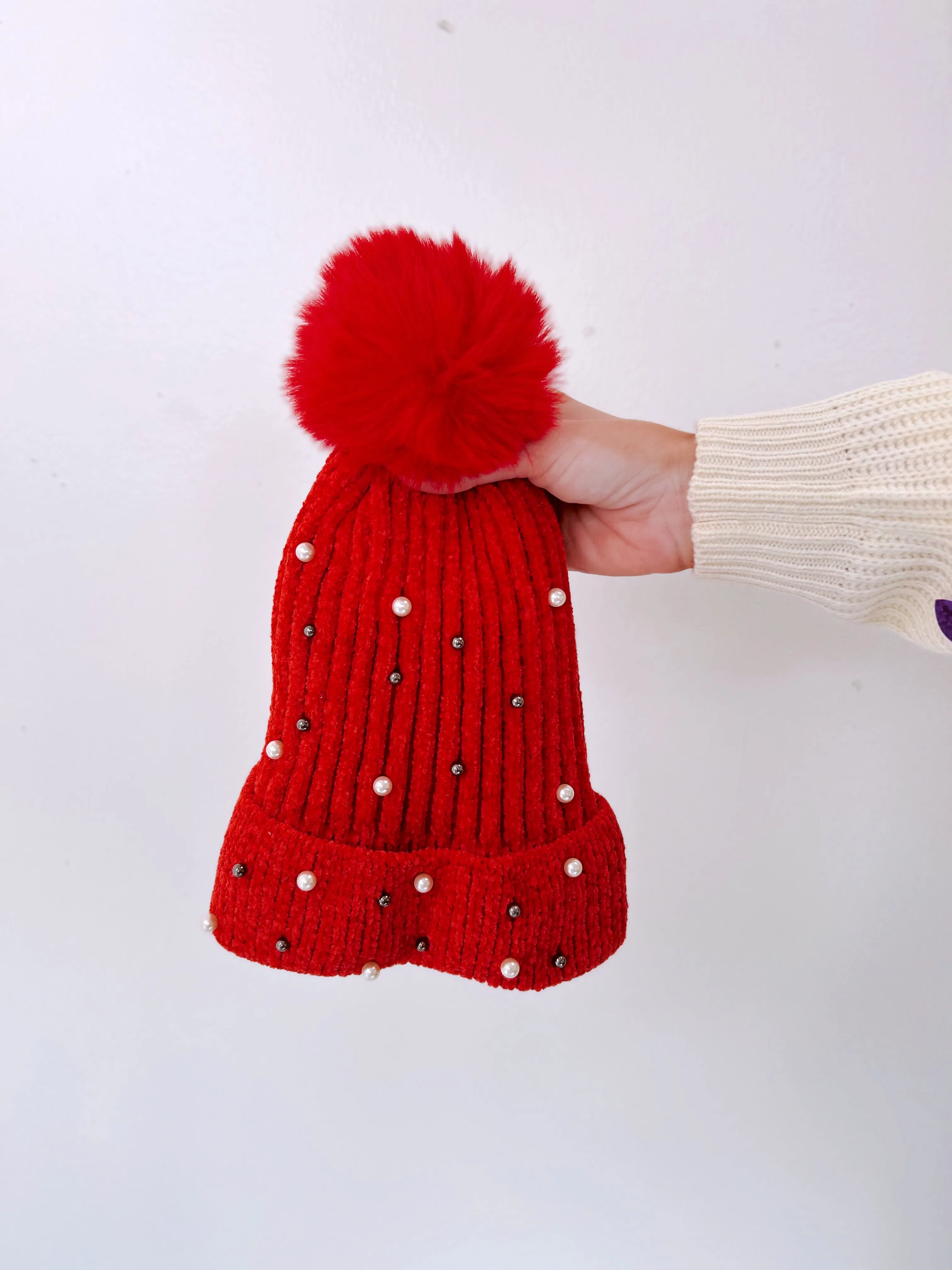 Pearla Adorned Pom Beanie - Red