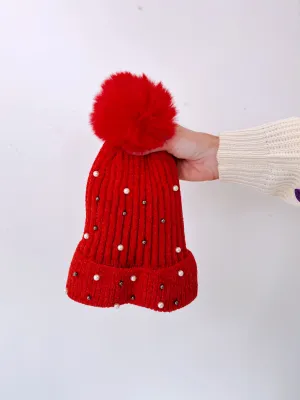 Pearla Adorned Pom Beanie - Red