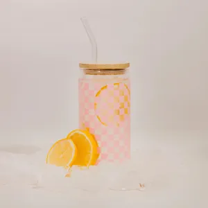 Pink Checkered Can Glass